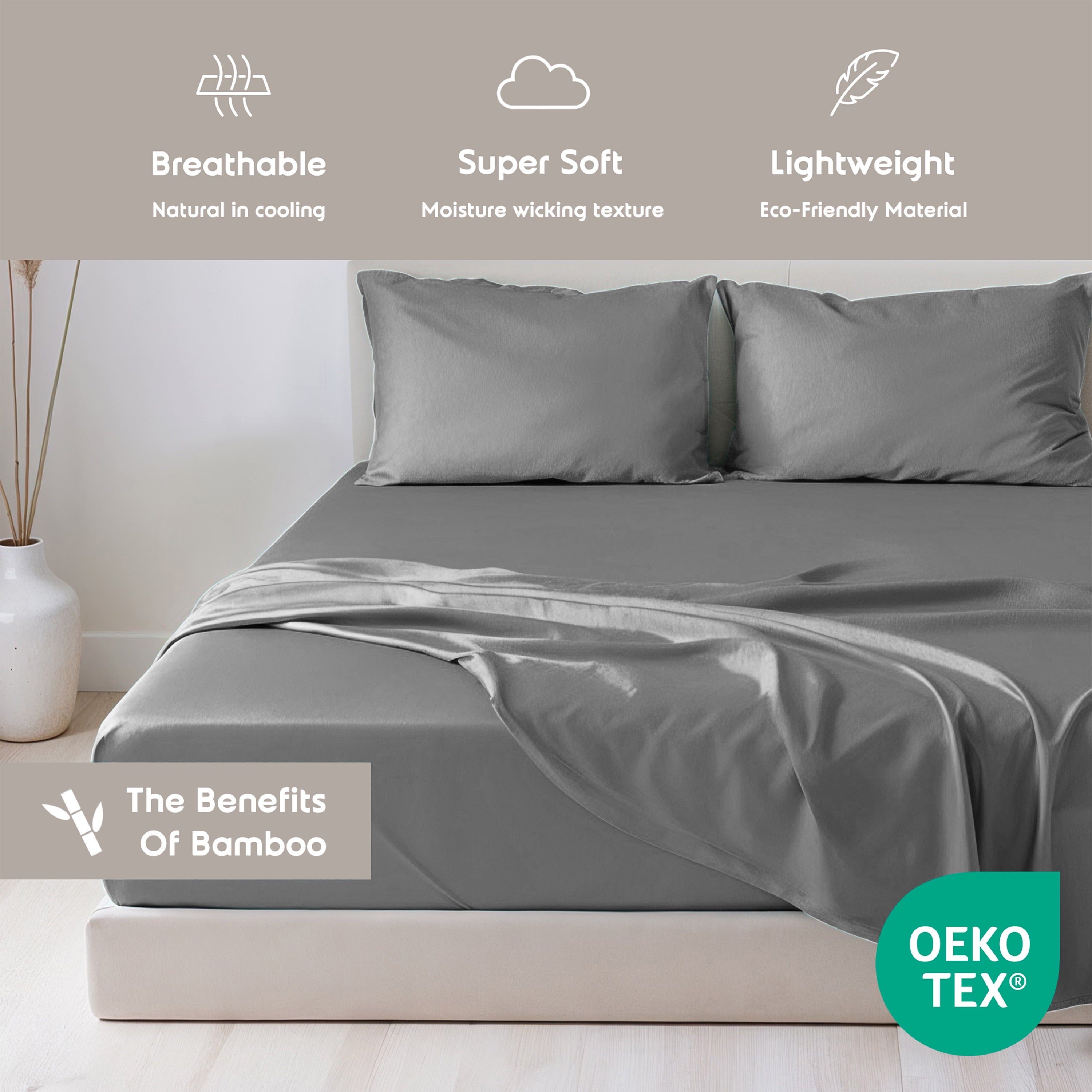 Cooling Sateen Virtu Bed Sheets Set, Deep Pocket Rayon Derived 4 Piece Queen Sheets sets, Gray - Cooling Hotel Quality Bedding Sheets and Pillowcases Detail