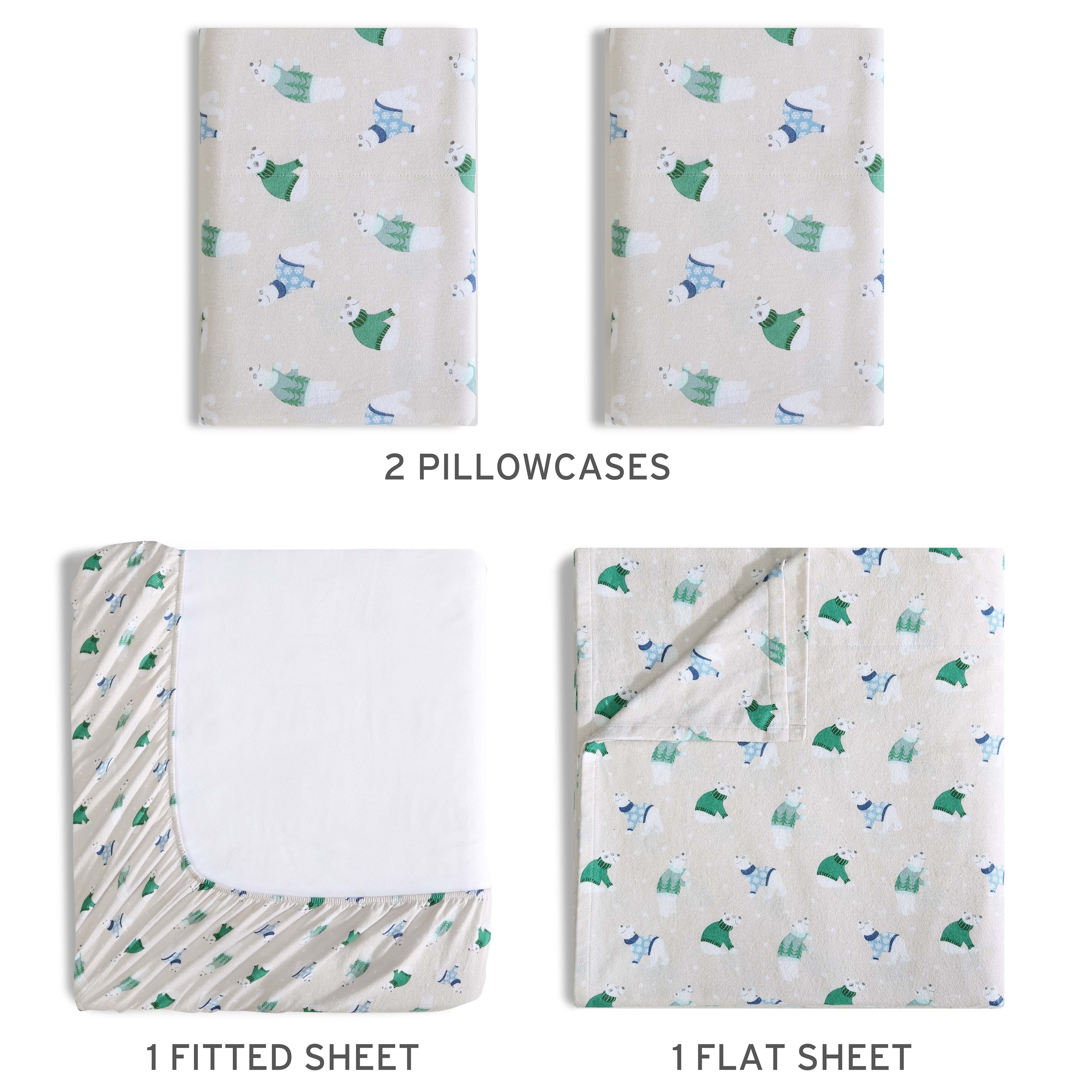 Wrinkle-Resistant Winter Nights Cotton Flannel Sheet Set, King, Holiday Bears - Breathable Egyptian Cotton Flat & Fitted Sheets Detail