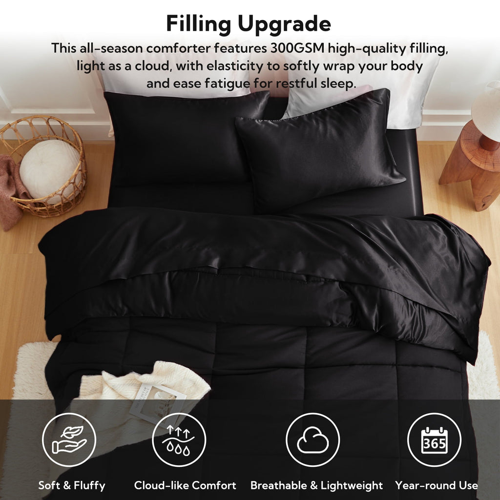 Hypoallergenic Cloud Reversible Satin Microfiber Comforter 3 Pieces Queen Size, Black Queen Comforter Set for All Seasons, Silky Soft Sati... - All-Season Down Alternative Comforter Insert Detail