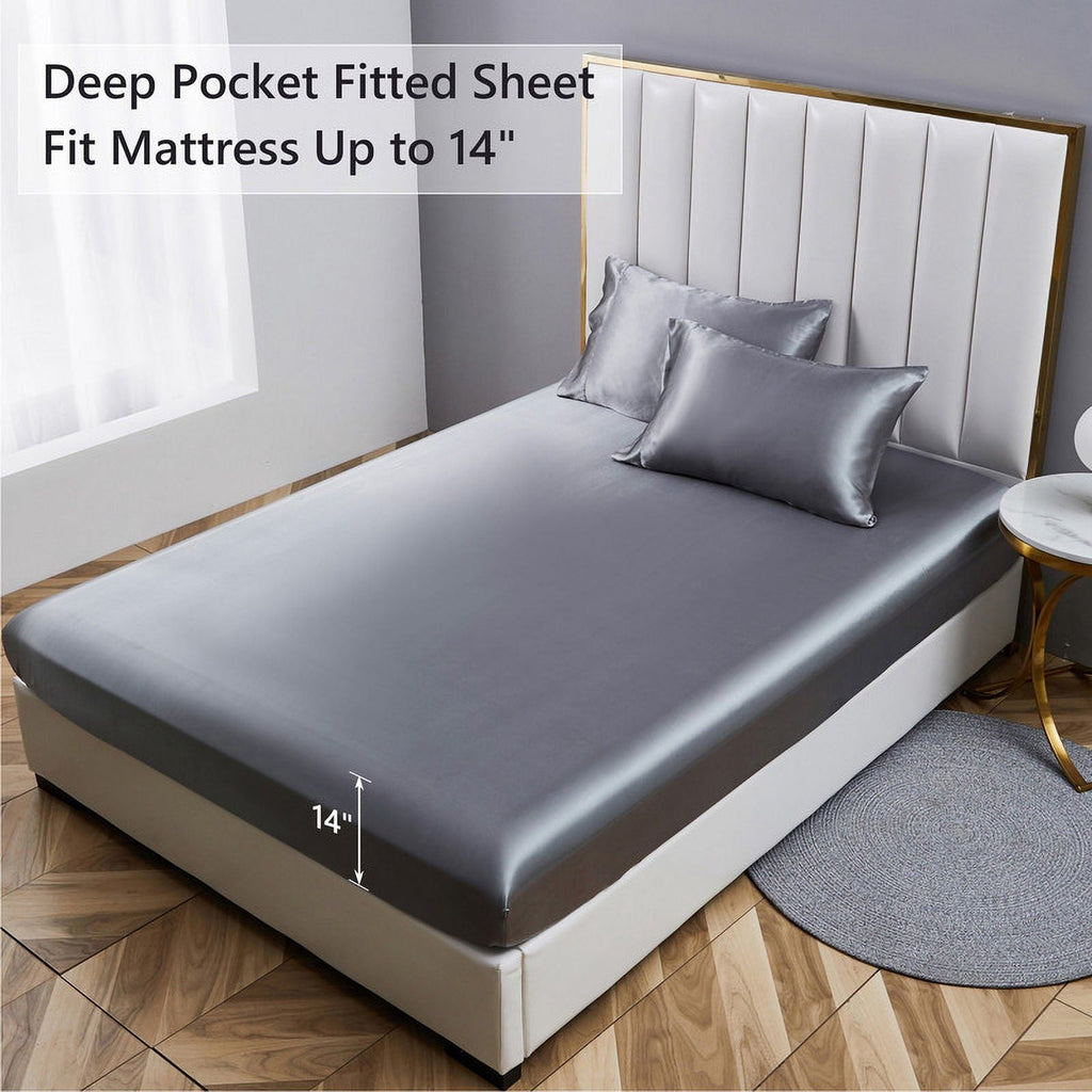 Premium Egyptian Cotton Luxury 5-Piece Satin Sheets Twin Silk Sheets Bed Sheet Set Ultra-Silky & Skin-Friendly Deep Pocket Bed Flat Fitted Sheet - Cooling Hotel Quality Bedding Sheets and Pillowcases Detail