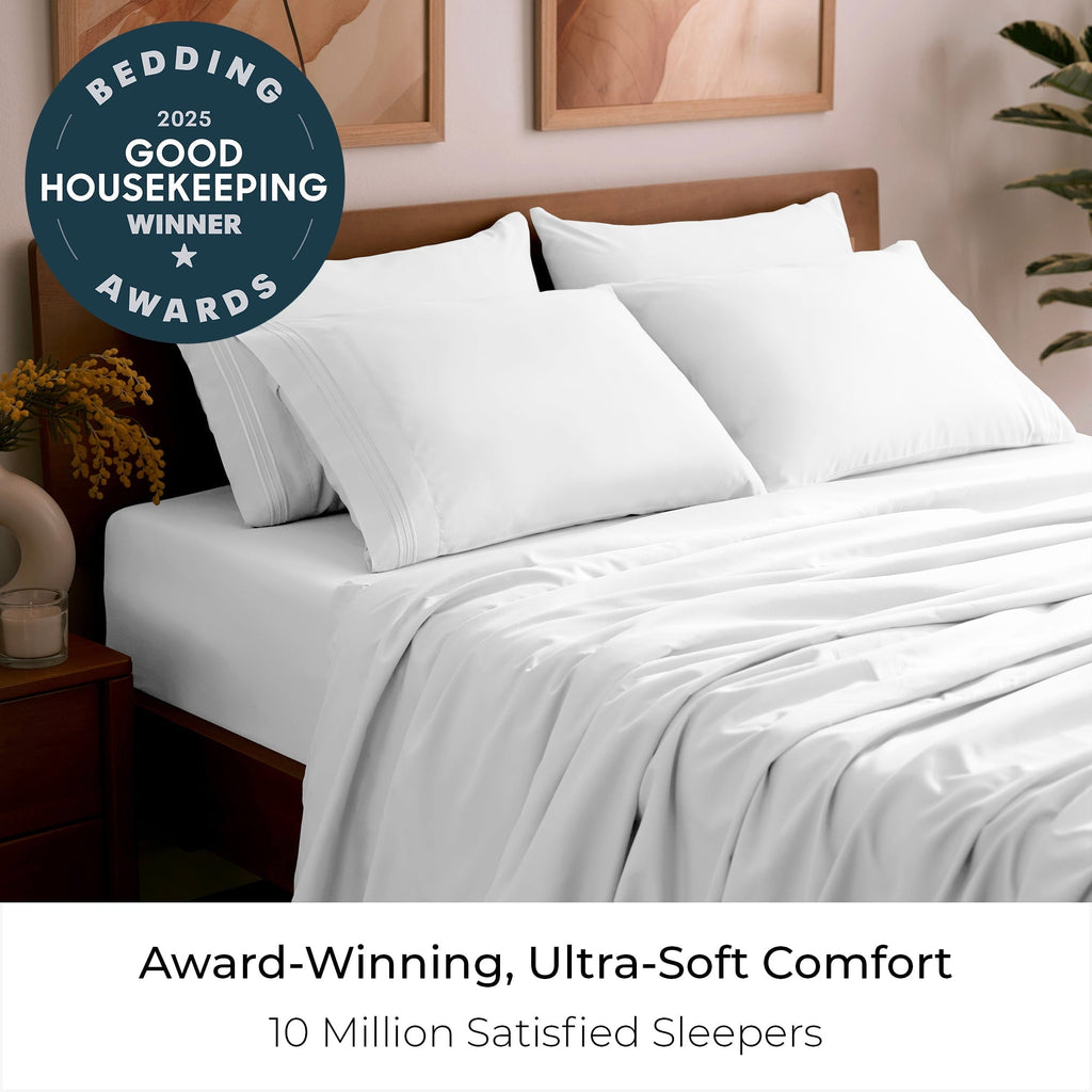 Breathable Luxury Iconic 6 Piece Bed Sheet Set Brushed Microfiber, Deep Pocket, Queen, White - Cooling Hotel Quality Bedding Sheets and Pillowcases Detail