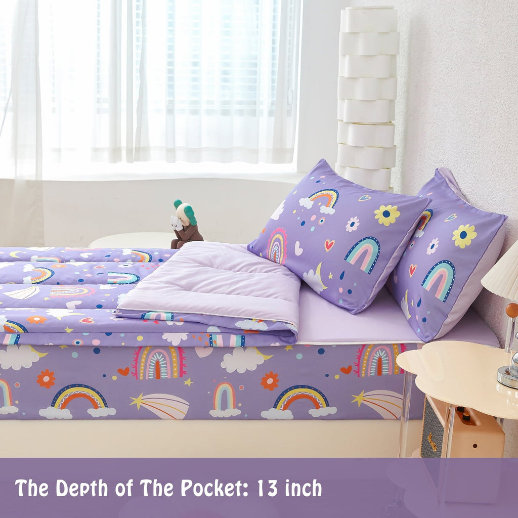 Hypoallergenic Cloud Zipper Kids Comforter Set, 3-Piece Purple Twin Bed in a Bag, Cartoon Rainbow Stars Flowers Printed Zip Up Comforter S... - Hypoallergenic Ultra-Fluffy Quilt for Winter Detail