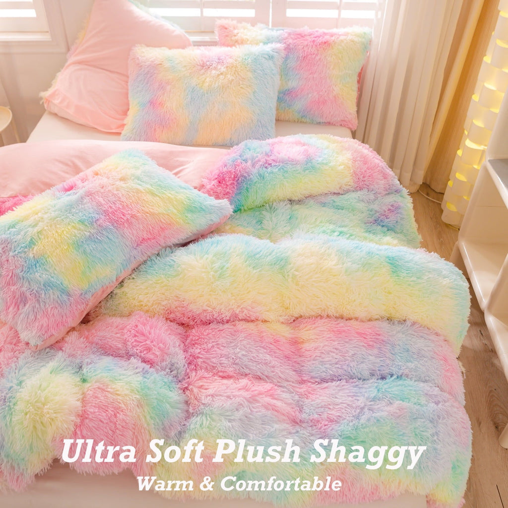 Heavyweight Warmth 3Pcs Pink Faux Fur Twin Comforter Set for Girls Tie Dye Rainbow Kid Bed Set Plush Shaggy Bedding Sets Fuzzy Bed Comfo... - Luxurious Quilted Duvet Cover Set Detail