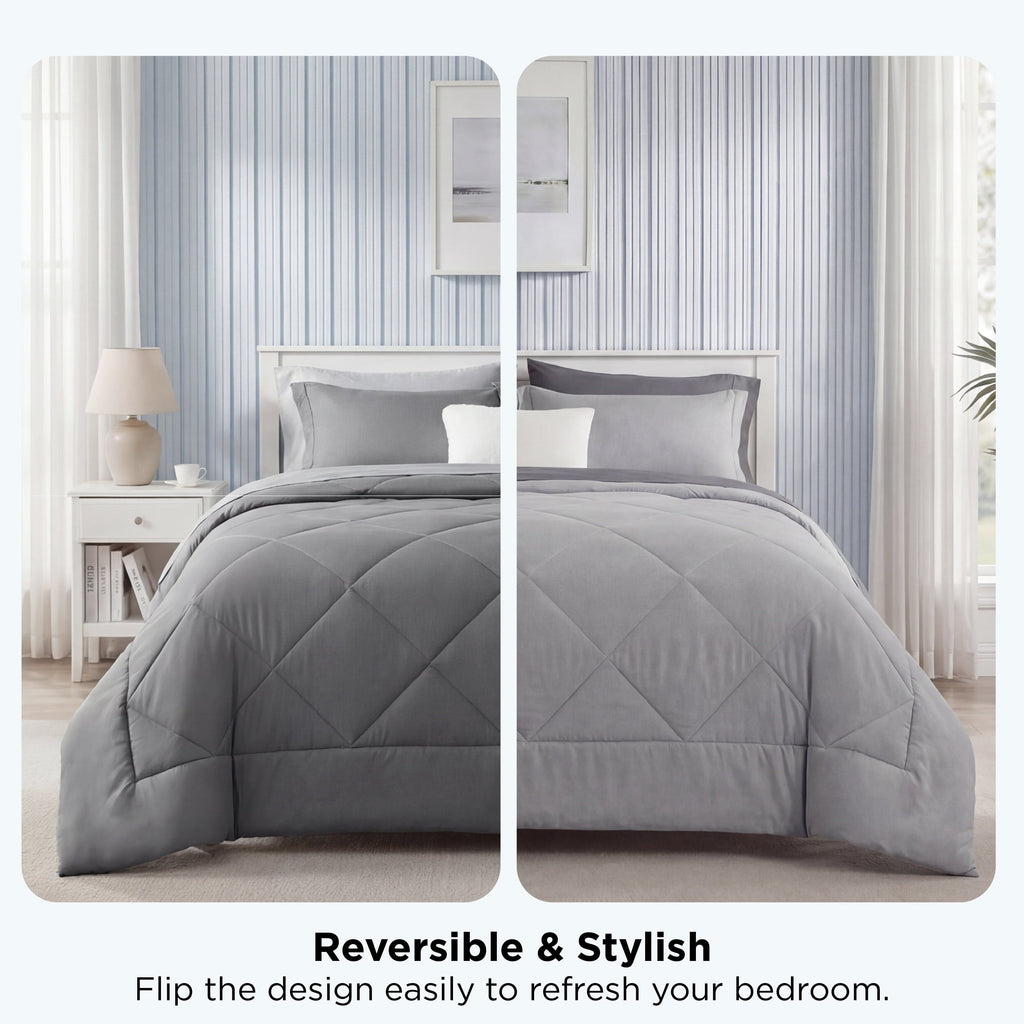 Heavyweight Warmth Queen Reversible Comforter Set - 7 Pieces Grey Bedding, Bed in a Bag with Alternative Comforter, Sheets, Pillowcases ... - Luxurious Quilted Duvet Cover Set Detail