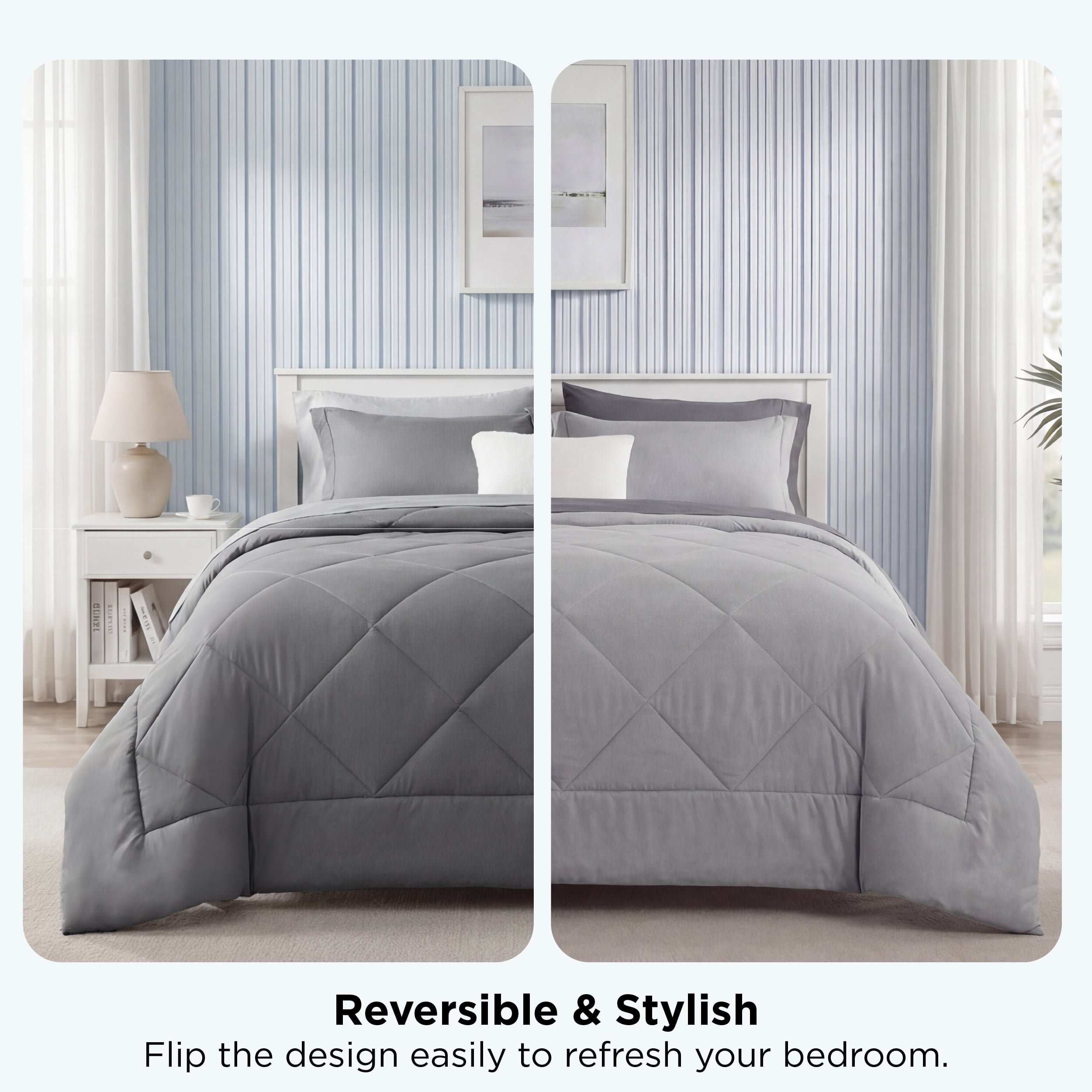 Heavyweight Warmth Queen Reversible Comforter Set - 7 Pieces Grey Bedding, Bed in a Bag with Alternative Comforter, Sheets, Pillowcases ... - Luxurious Quilted Duvet Cover Set Detail