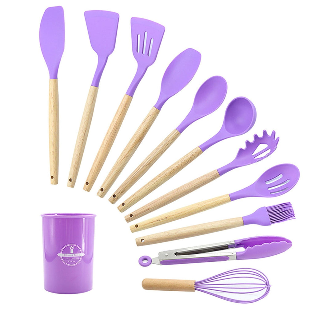 Premium Silicone 12Pcs Cooking Kitchen Utensils Set with Holder,Wooden Handles Cooking Tool,BPA Free,Non Toxic Turner Tongs Spa... - Durable Turner & Ladle Utensil Set for Home Chefs Detail