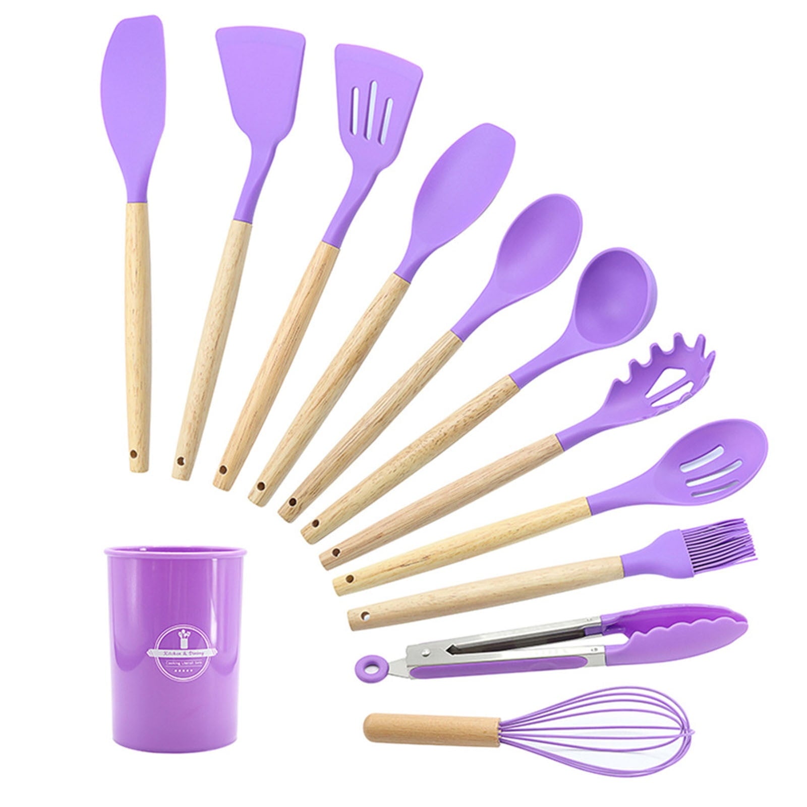 Premium Silicone 12Pcs Cooking Kitchen Utensils Set with Holder,Wooden Handles Cooking Tool,BPA Free,Non Toxic Turner Tongs Spa... - Durable Turner & Ladle Utensil Set for Home Chefs Detail