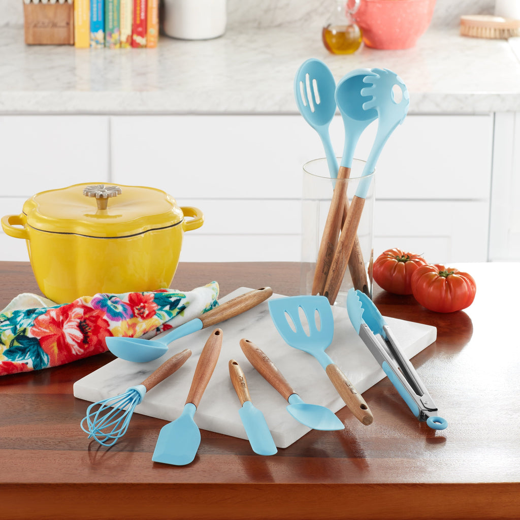 Chef-Quality 10-Piece Silicone and Acacia Wood Handle Cooking Utensils Set, Blue - Professional Kitchen Tool for Culinary Enthusiasts Detail