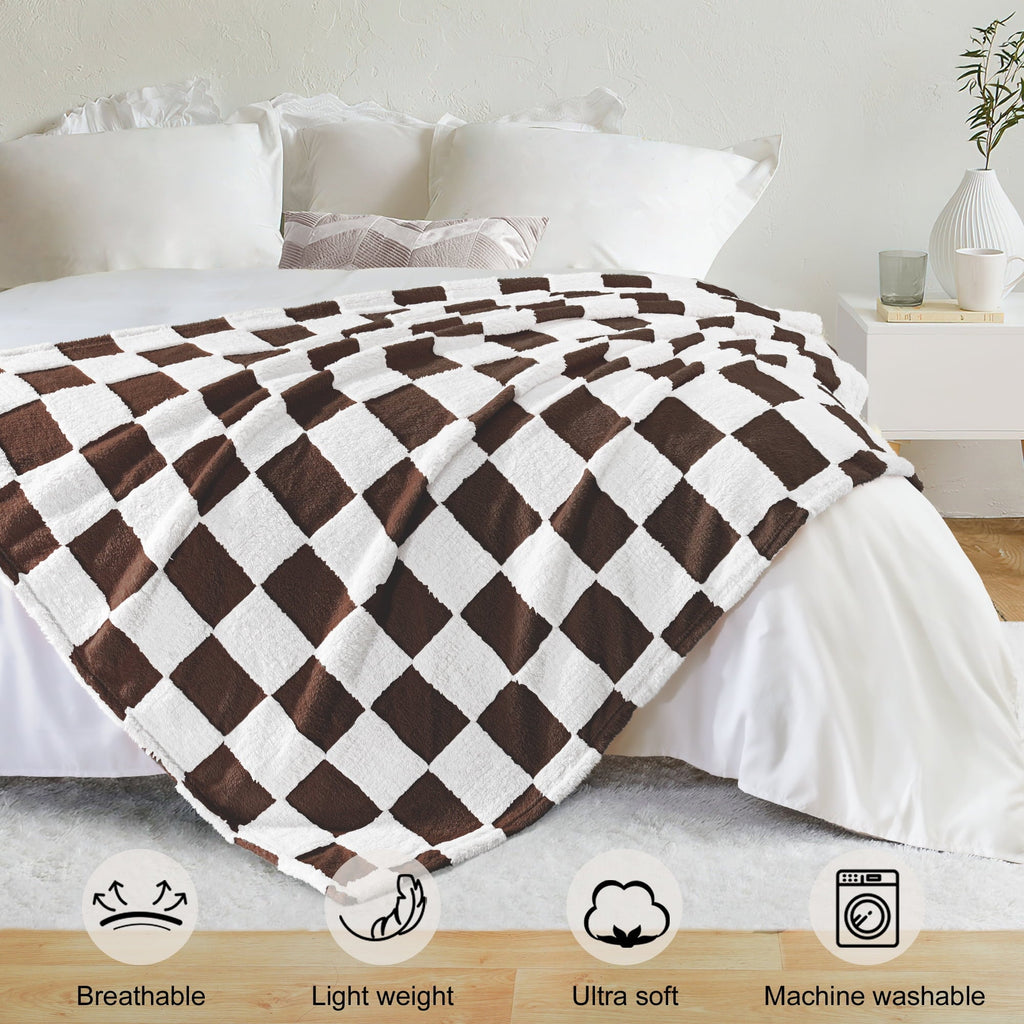 Cozy Fleece Checkered Throw Blanket, Super Soft and Warm Fluffy Fleece Blanket for Couch, Sofa, Bed, Cute Plaid Pattern, Coffee, ... - Lightweight Plush Warm Blanket for All Seasons Detail
