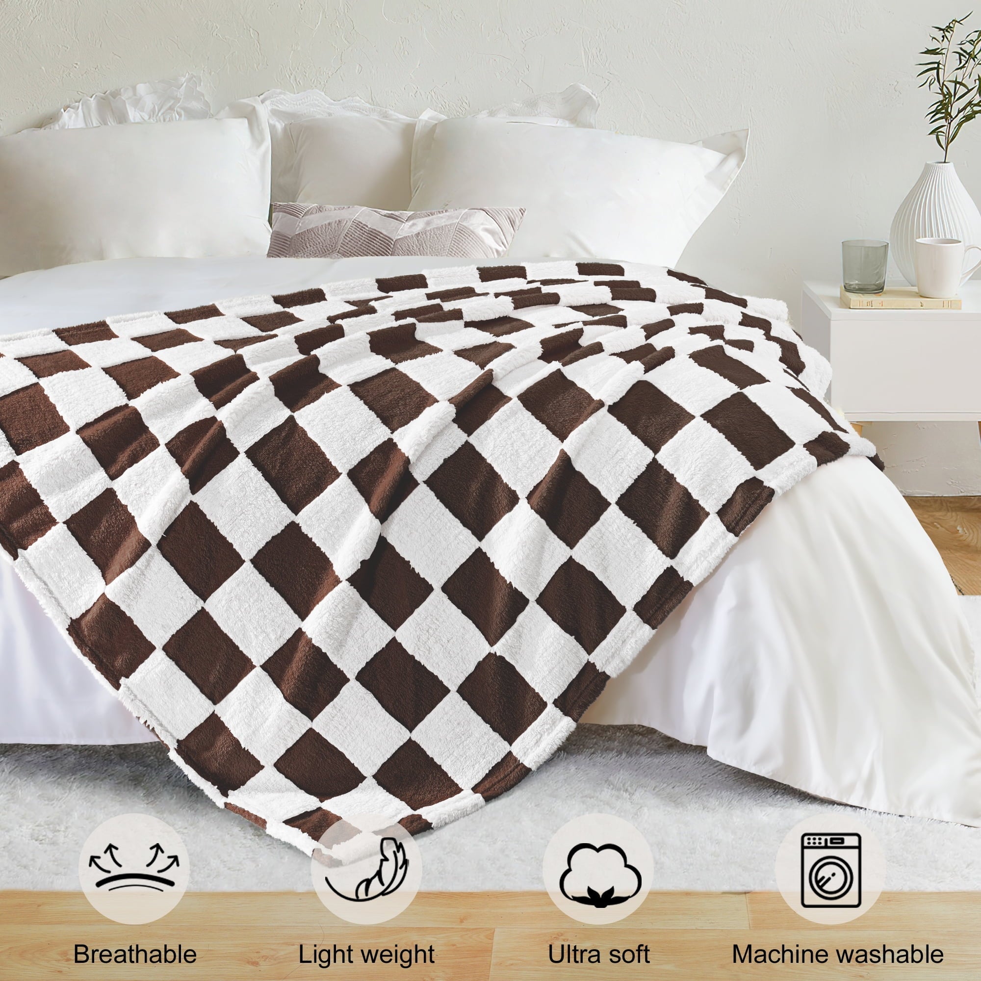 Cozy Fleece Checkered Throw Blanket, Super Soft and Warm Fluffy Fleece Blanket for Couch, Sofa, Bed, Cute Plaid Pattern, Coffee, ... - Lightweight Plush Warm Blanket for All Seasons Detail