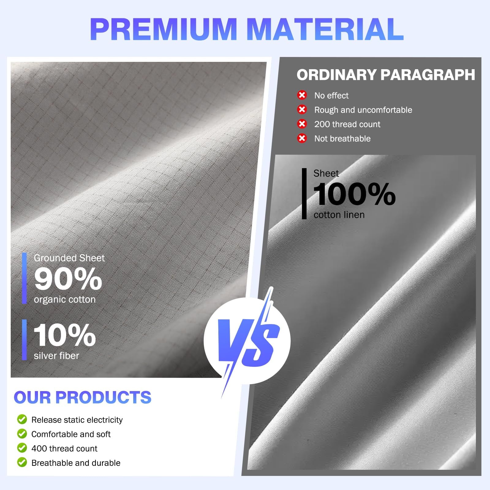 Cooling Sateen Grounding Sheets King Size,Earth Grounded Fitted Bed Sheet 10% Pure Silver Fiber + 90% Organic Cotton, Bed Grounding ... - Cooling Hotel Quality Bedding Sheets and Pillowcases Detail