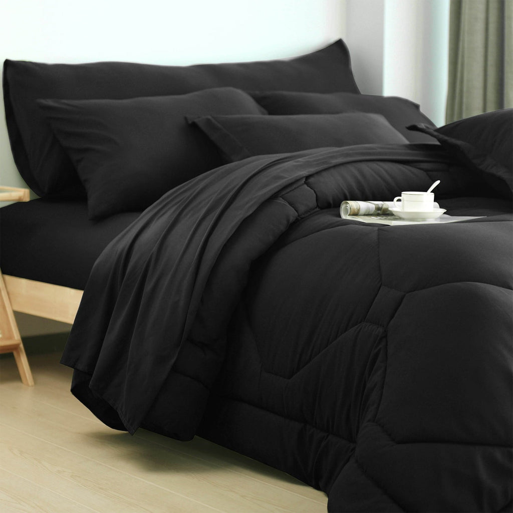 Hypoallergenic Cloud 8 PCS Modern Comforter Set with Sheets All Season Bed in a Bag, Black, Queen Size - Luxurious Quilted Duvet Cover Set Detail