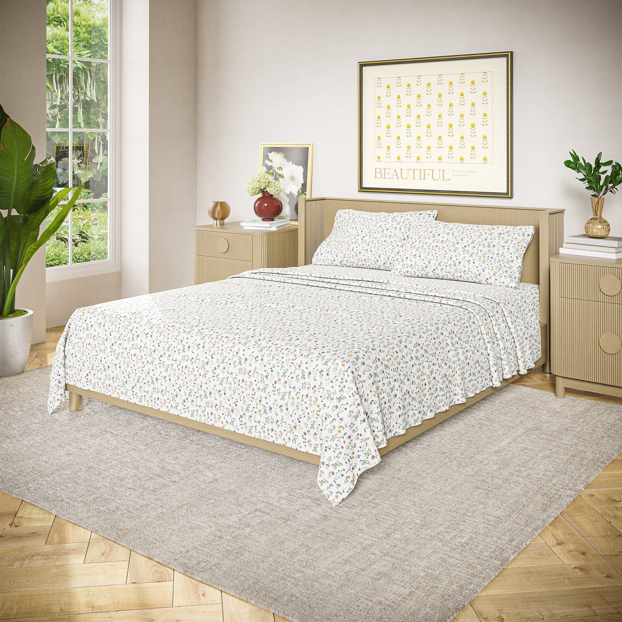 Ultra-Soft Botanical 4-Piece 100% Cotton Washed Percale White Sheet Set, Queen - Cooling Hotel Quality Bedding Sheets and Pillowcases Detail