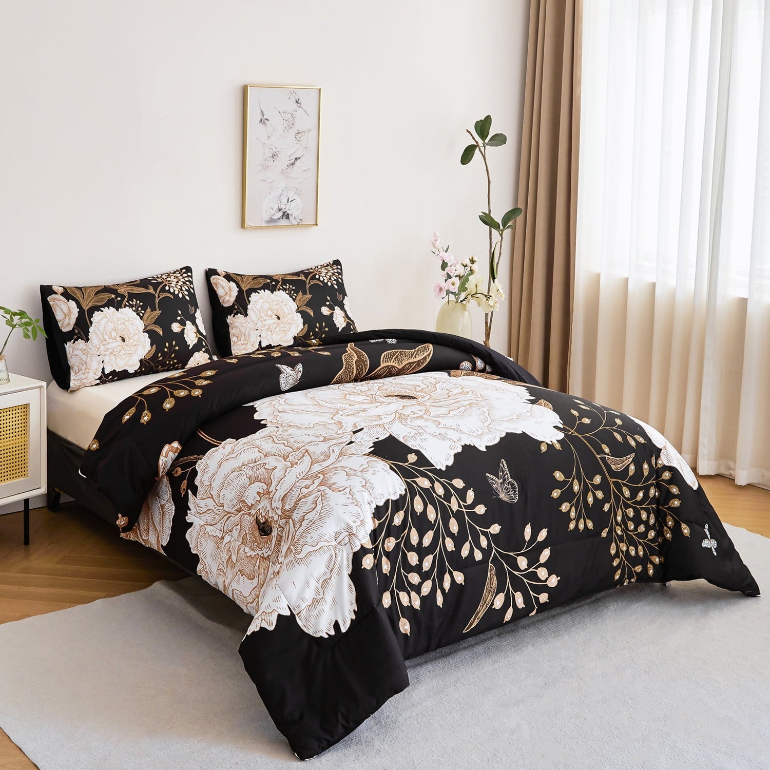 Heavyweight Warmth Black Floral Comforter Set Queen, Printed Comforter White Flowers Butterfly Bedding Set, 3 Pieces Botanical Reversibl... - Luxurious Quilted Duvet Cover Set Detail