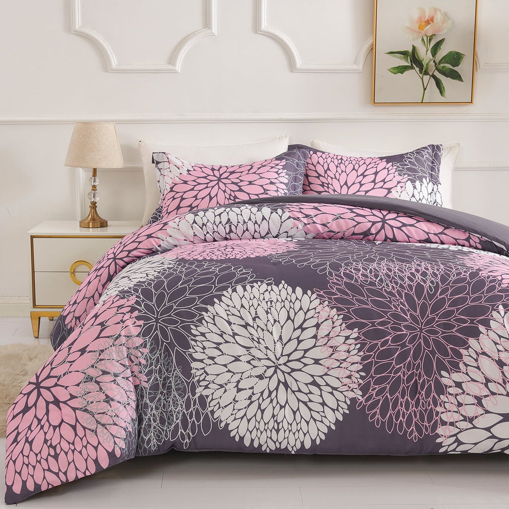Fluffy Down Alternative 2 Pieces Pink Floral Comforter Set Twin Size, Botanical Bedding Sets with Cute Flowers Printing for Teen Girls - Hypoallergenic Ultra-Fluffy Quilt for Winter Detail