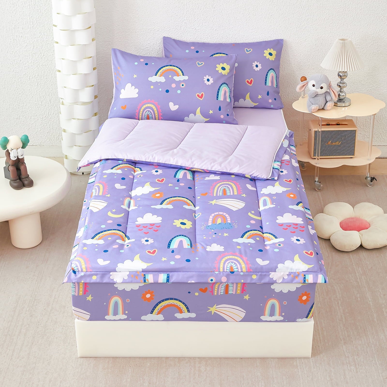 Hypoallergenic Cloud Zipper Kids Comforter Set, 3-Piece Purple Twin Bed in a Bag, Cartoon Rainbow Stars Flowers Printed Zip Up Comforter S... - Hypoallergenic Ultra-Fluffy Quilt for Winter Detail