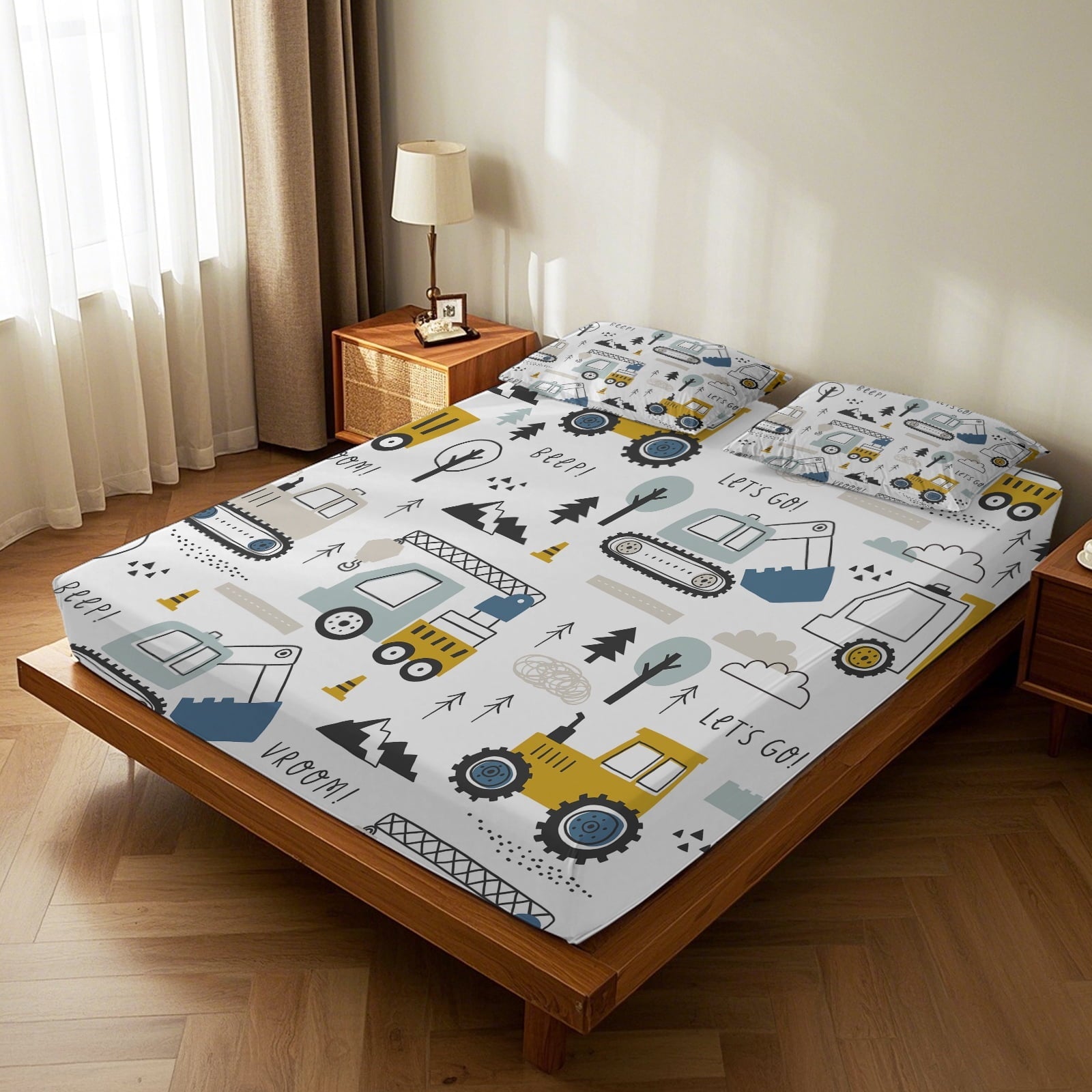 Breathable Luxury Cartoon Excavator Sheet Set for Kids Boys Truck Construction Bedding Set Engineering Vehicle Bed Sheet Sets with 1 Fi... - Cooling Hotel Quality Bedding Sheets and Pillowcases Detail
