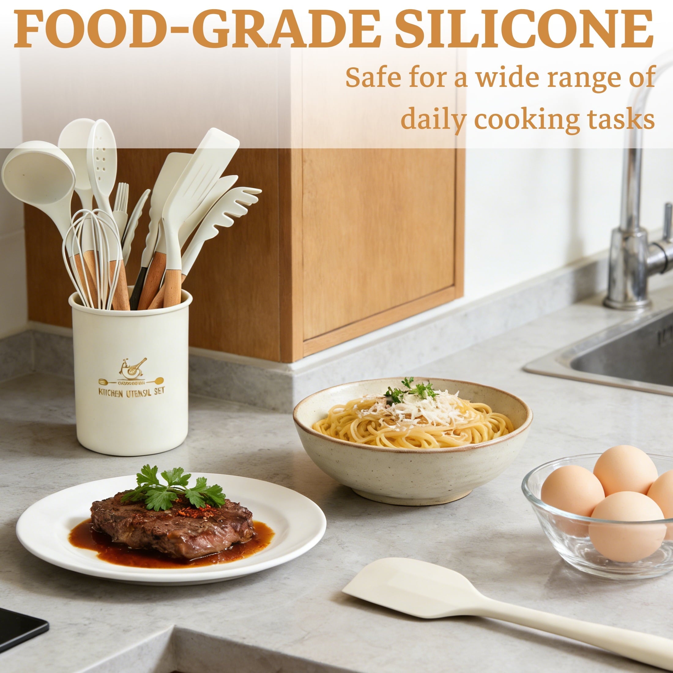 Ergonomic Cooking 14-Piece Silicone Cooking Utensils Set, Non-Stick Kitchen Utensil Set for Baking, Flipping, Mixing, White - Ergonomic Kitchen Tongs and Cooking Spoon Utensil Detail