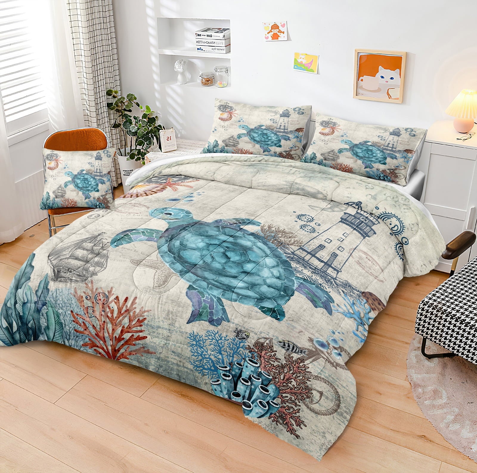 Luxurious Quilted Sea Turtle Comforter Set Queen Ocean Beach Bedding Set Soft and Lightweight Retro Style Design Coastal Bedding Set - Hypoallergenic Ultra-Fluffy Quilt for Winter Detail