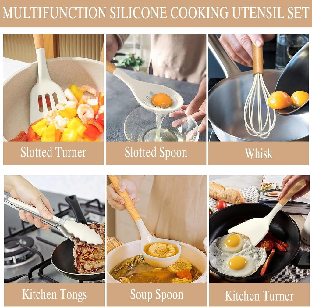 Heavy Duty Kitchen Cooking Utensils Set, 33 pcs Non-stick Silicone Cooking Kitchen Utensils Spatula Set with Holder, Wooden Hand... - Multi-Purpose Hand Tool for Daily Meal Prep Detail