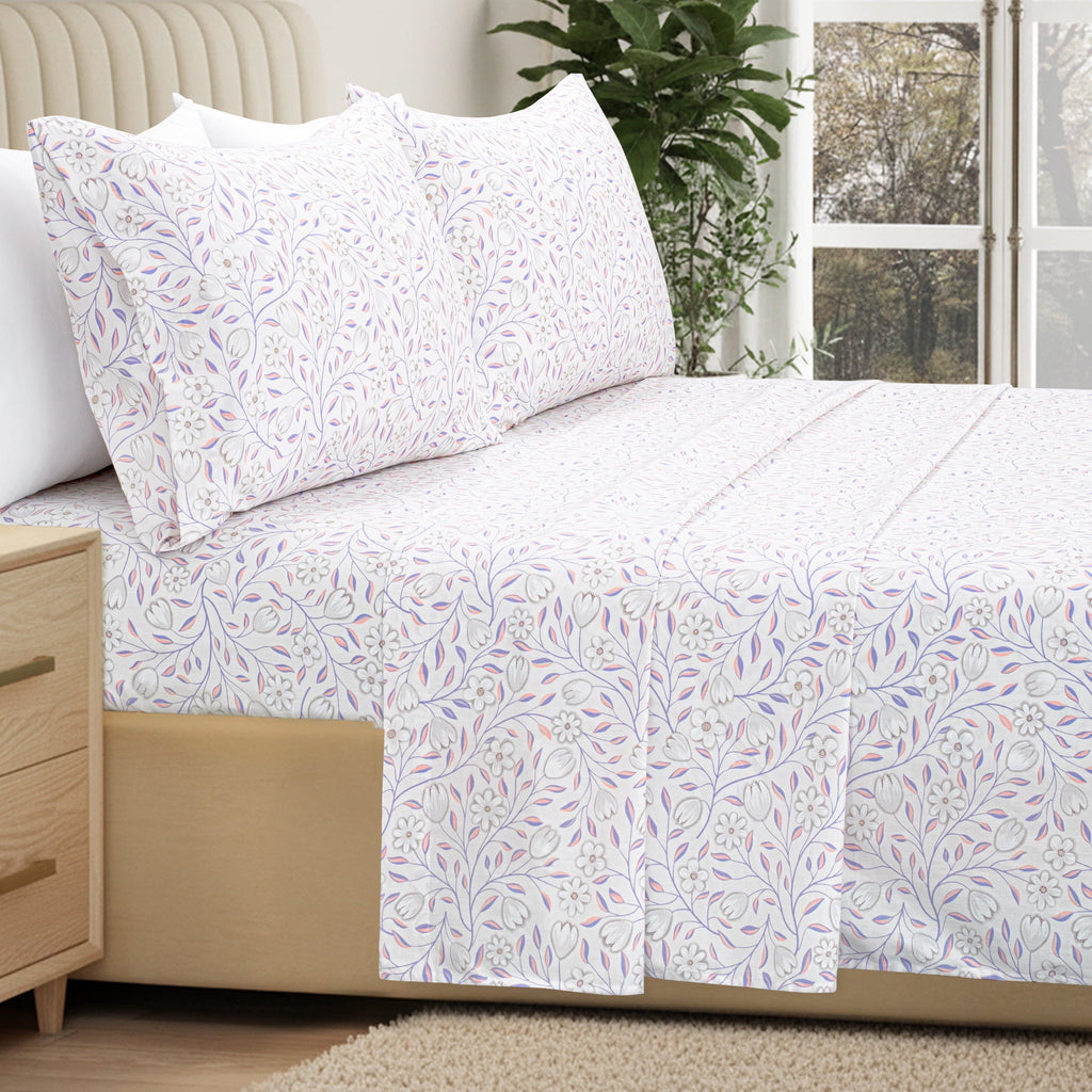 Cooling Sateen 100% Cotton Full Size Sheets,4 Piece Pure Percale Bed Sheets Set Deep Pocket Fits Mattress Upto 15",floral vine pattern - Breathable Egyptian Cotton Flat & Fitted Sheets Detail