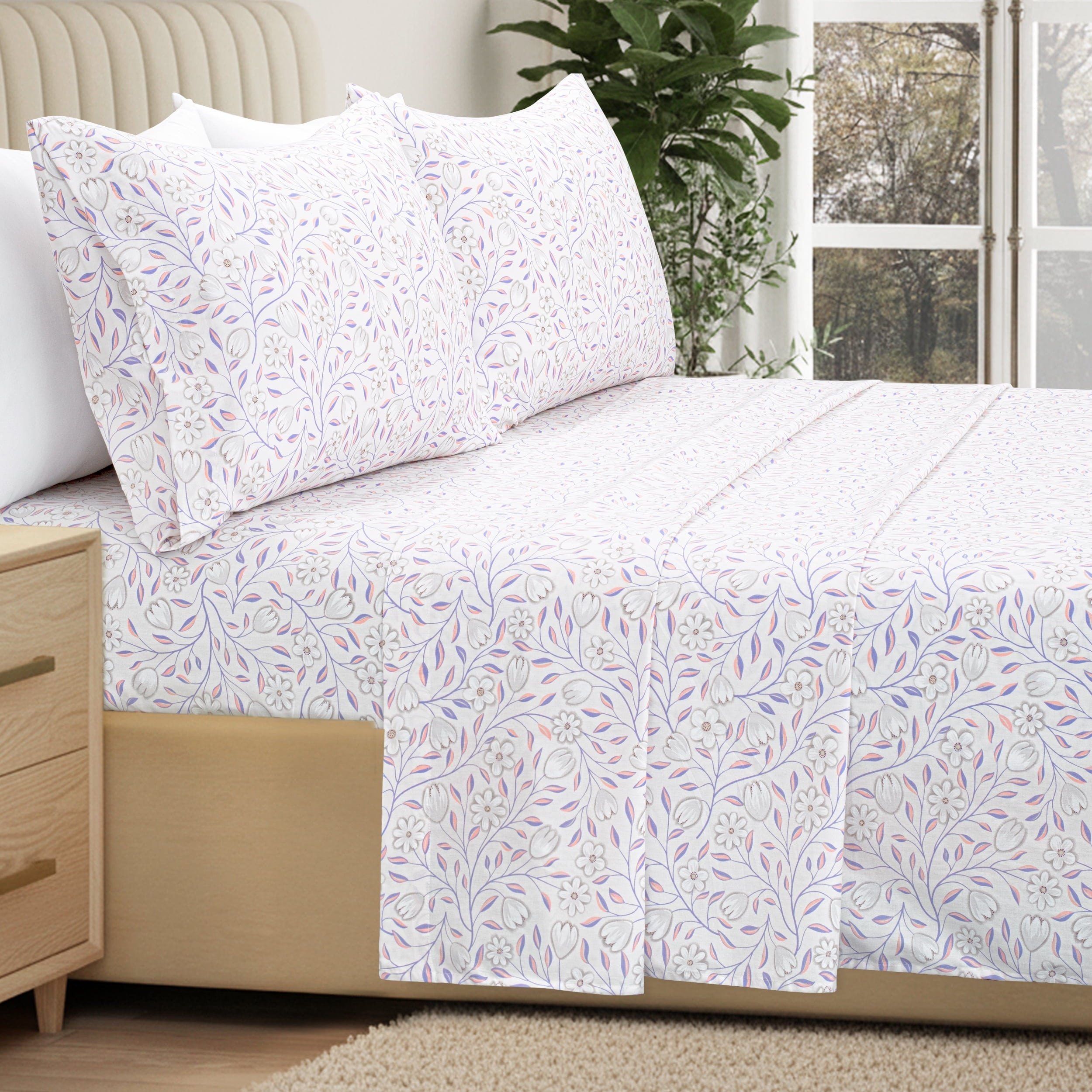 Cooling Sateen 100% Cotton Full Size Sheets,4 Piece Pure Percale Bed Sheets Set Deep Pocket Fits Mattress Upto 15",floral vine pattern - Breathable Egyptian Cotton Flat & Fitted Sheets Detail