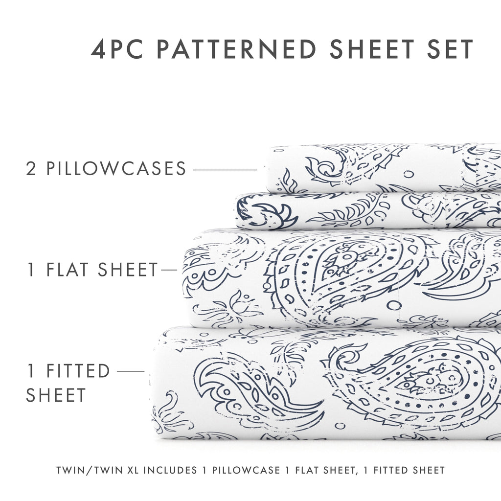Ultra-Soft 4 Piece Pattern Microfiber Bed Sheets Set, Navy Coarse Paisley, Full - Premium Ultra-Soft Pillowcase Pair for Sleeping Detail