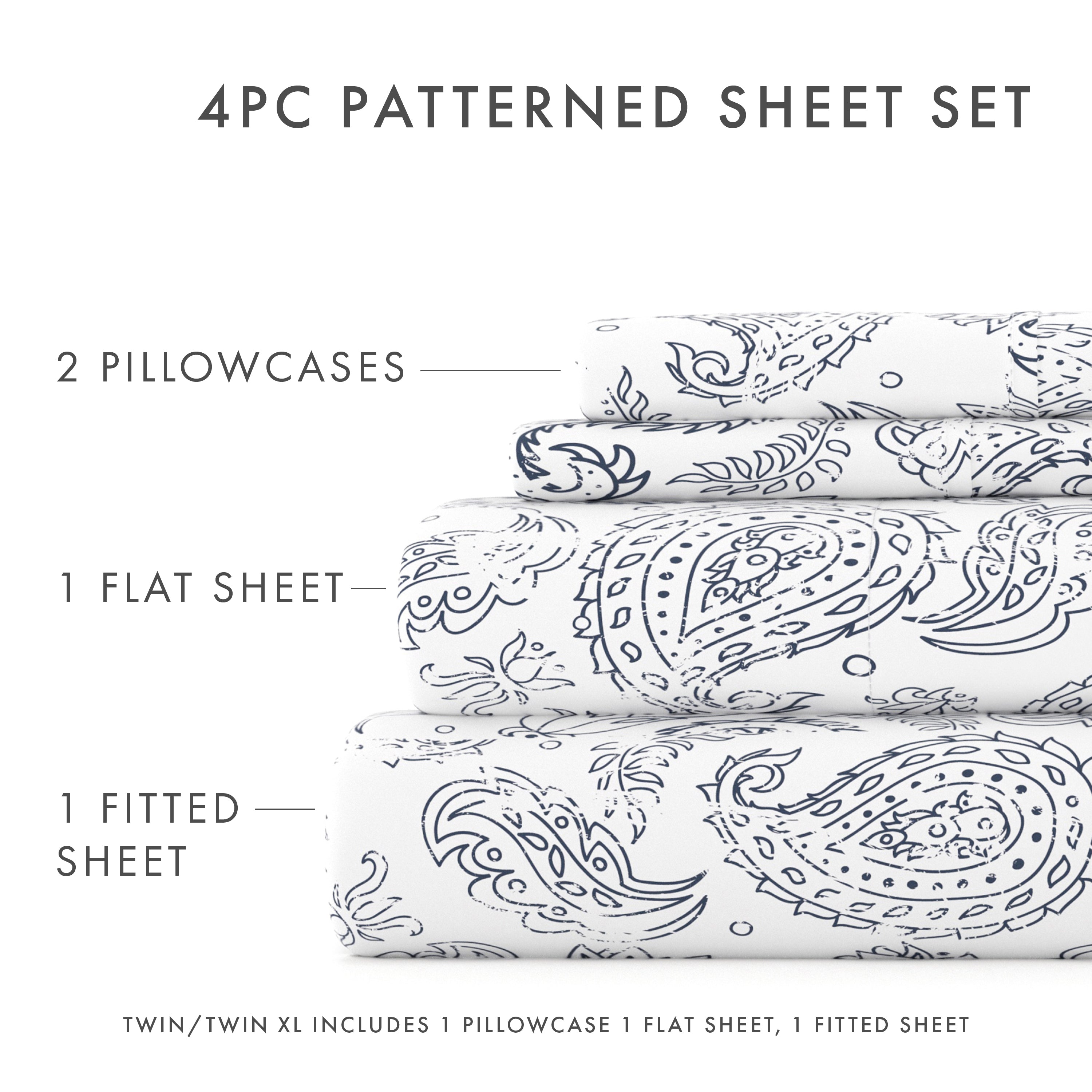Ultra-Soft 4 Piece Pattern Microfiber Bed Sheets Set, Navy Coarse Paisley, Full - Premium Ultra-Soft Pillowcase Pair for Sleeping Detail