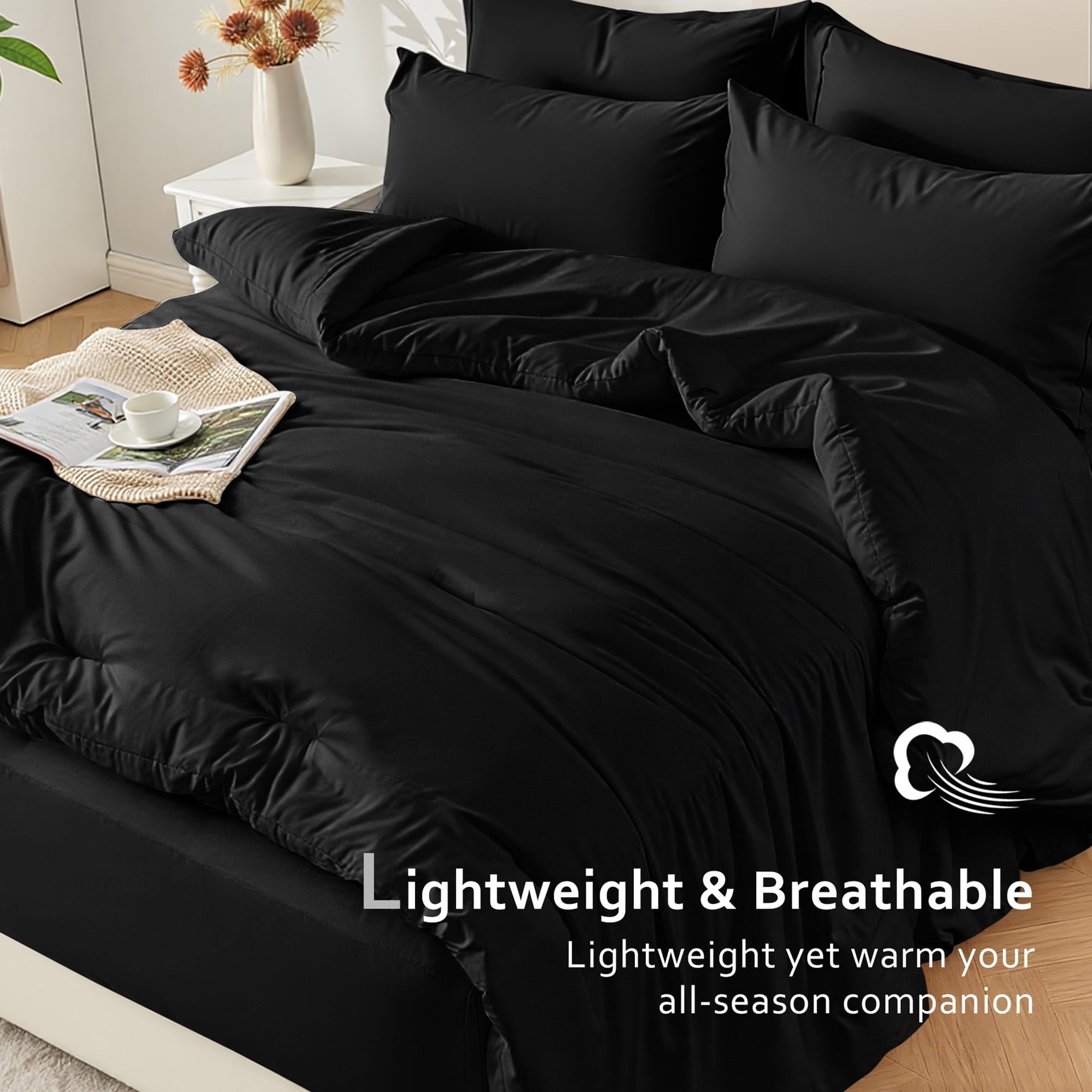 All-Season 5-Piece Bed in Bag - Twin Size Comforter Sets, Pillowcases & Sheet Collection for Cozy Bedding Sets Black - Hypoallergenic Ultra-Fluffy Quilt for Winter Detail