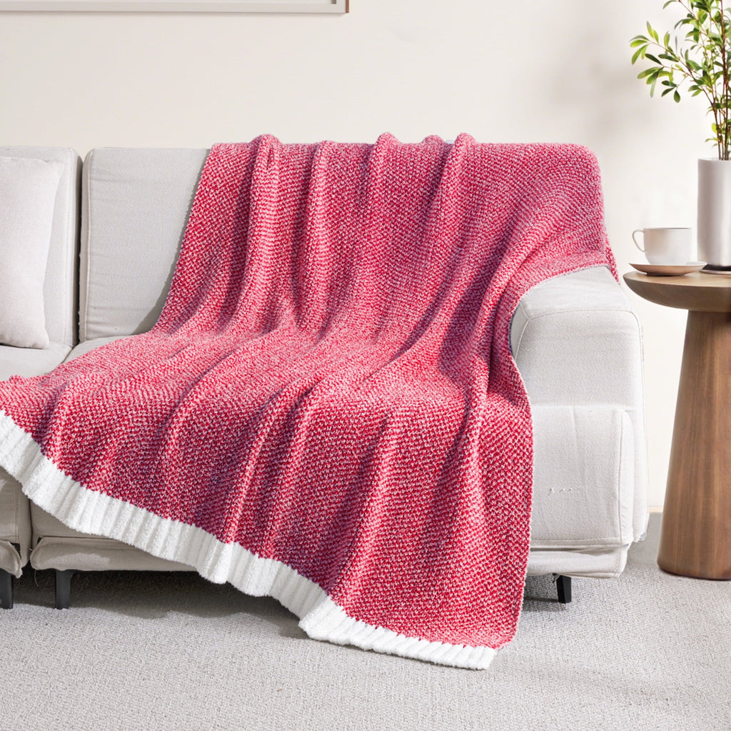 Cozy Fleece Knit Throw Blanket, Ultra Soft Cozy Fluffy Blankets, Lightweight Fuzzy Plush Throw for Couch and Bed, Mixed Red, 50"x60" - Luxury Knitted Decorative Throw Blanket with Fringes Detail