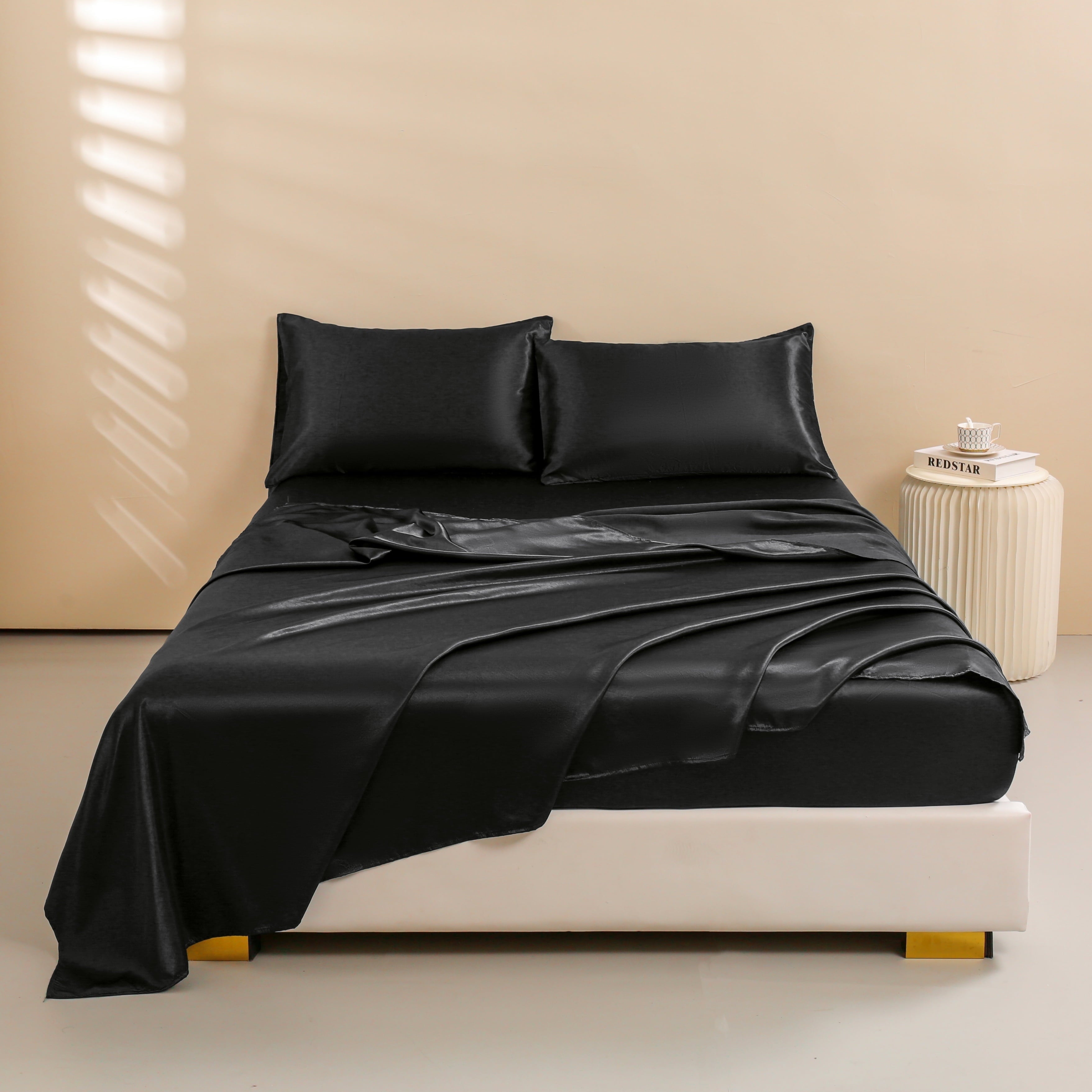 Ultra-Soft 4Pcs Black Satin Sheets Queen Set Silk Sheets 13" Deep Pocket Ultra Soft silky Bed Sheet Set - Luxury Bed Sheet Set with Deep Pockets Detail