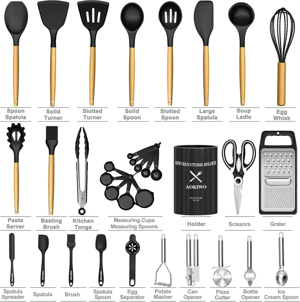 Ergonomic Cooking Kitchen Utensil Set, 34Pieces Silicone Cooking Utensil Set with Wooden Handle, Heat Resistant Spatula Set Gadg... - Premium Stainless Steel Cooking Utensil for Non-Stick Pots Detail