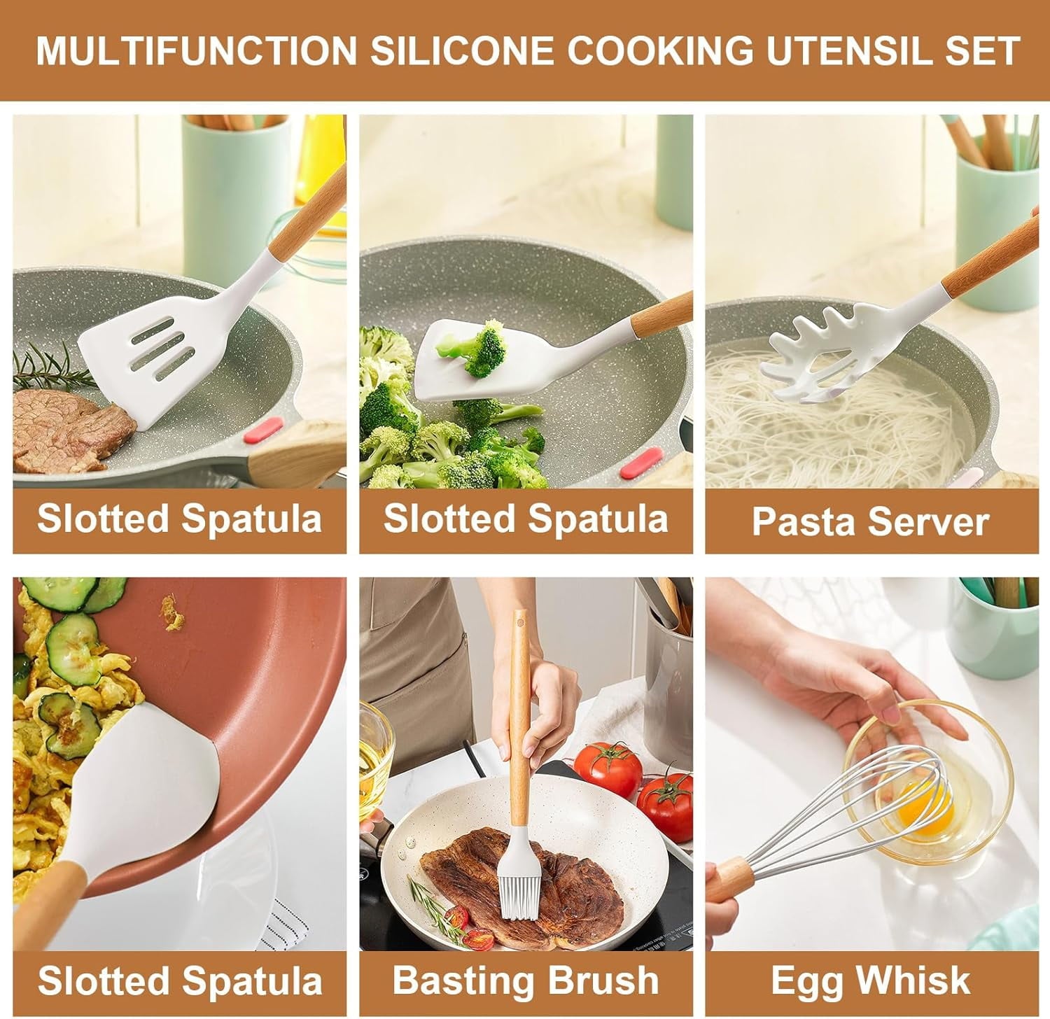 Non-Stick Safe Cooking Utensils Set, 12 packs Non-Stick Silicone Cooking Kitchen Utensils Spatula Set with Wooden Handles and... - Heat-Resistant Silicone Cooking Spatula Turner Detail
