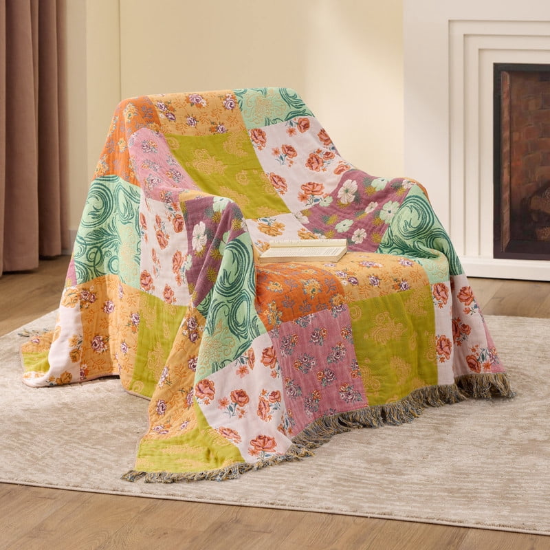 Lightweight Warm 100% Cotton Boho Blankets for Home Decor – Colorful Patchwork Reversible Farmhouse Quilt Bedding, Vintage Woven Decor... - Super Soft Reversible Sherpa Flannel Blanket Detail