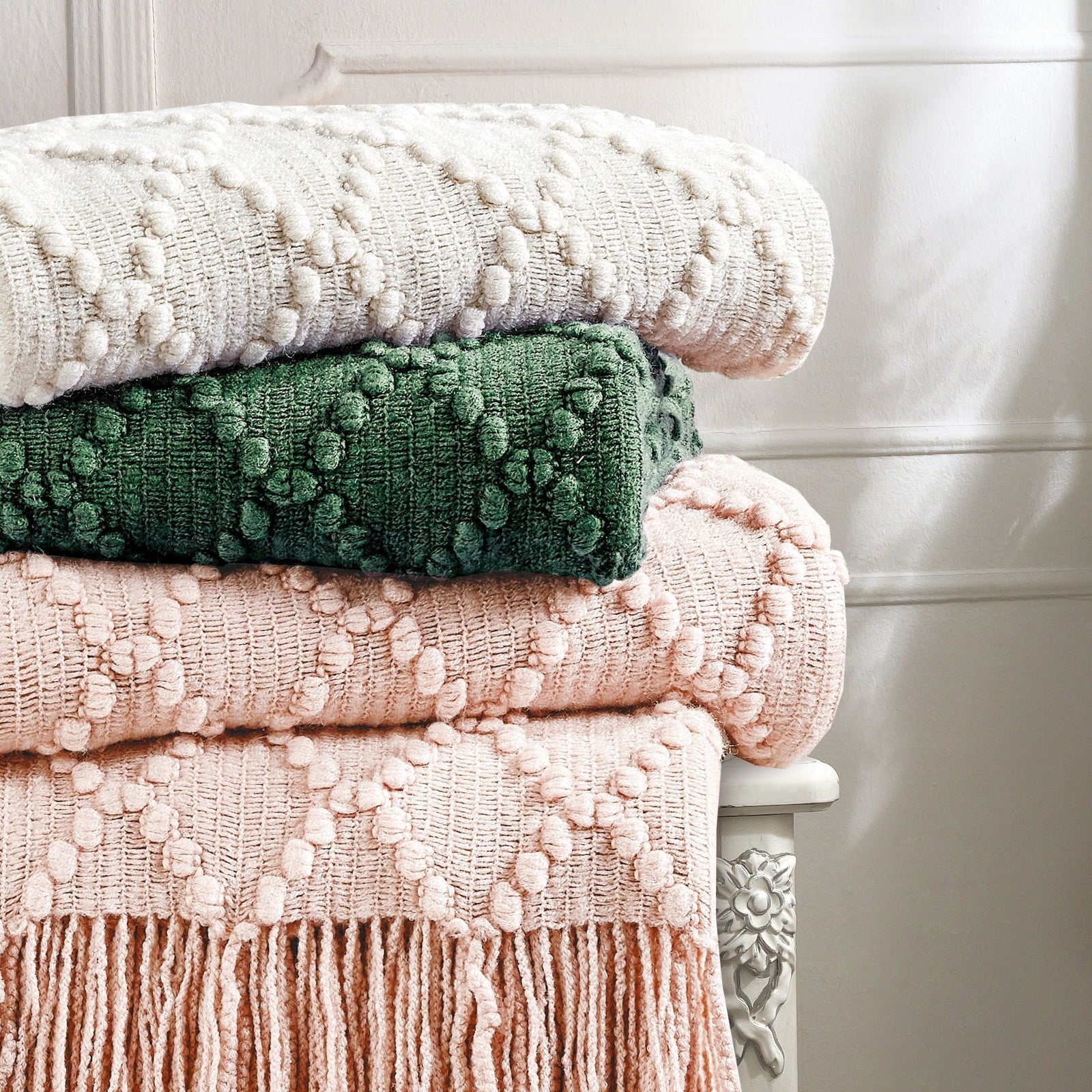Super Soft Flannel Texture Pure Color Soft Throw Blanket and Sofa Or Bed Knitted Decorative Blanket 50 x70 inches Jacquard Diamond Beige... - Lightweight Plush Warm Blanket for All Seasons Detail