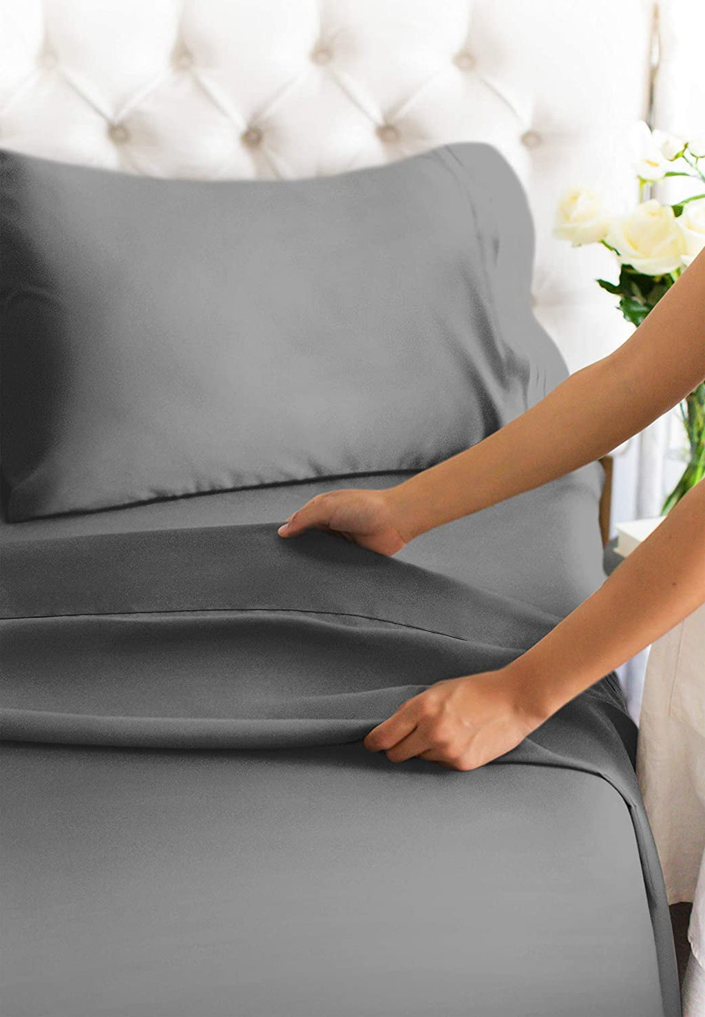 Premium Egyptian Cotton 4-Piece Extra Deep Pocket Sheet Set - Full Size Breathable & Cooling Bed Sheets Fits 18"-24" Mattresses, Gray - Luxury Bed Sheet Set with Deep Pockets Detail