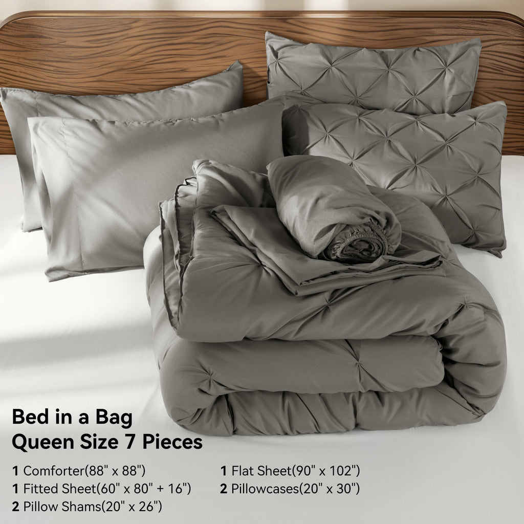Luxurious Quilted Queen Comforter Set, 7 Pieces Bedding Sets for All Season, Bed in a Bag with Pleated Comforter - Flat Sheet & Fitted ... - Hypoallergenic Ultra-Fluffy Quilt for Winter Detail