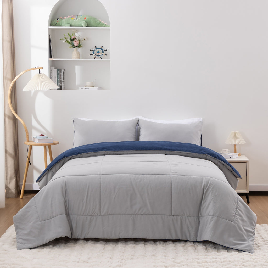 Fluffy Down Alternative Queen Comforter Set All Season Reversible Bed Set with 2 Pillow Cases 3 Pieces Bedding Sets Down Alternative Blue/Gra... - Hypoallergenic Ultra-Fluffy Quilt for Winter Detail