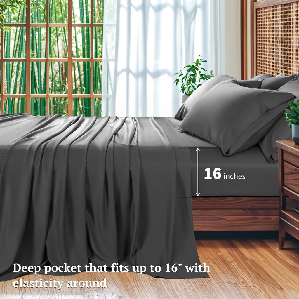 Breathable Luxury 6 Pieces Bamboo Bed Sheets Set, Luxury Rayon Derived - Deep Pockets - Wrinkle Free - Extremely Soft, Queen, Dark Gray - Breathable Egyptian Cotton Flat & Fitted Sheets Detail