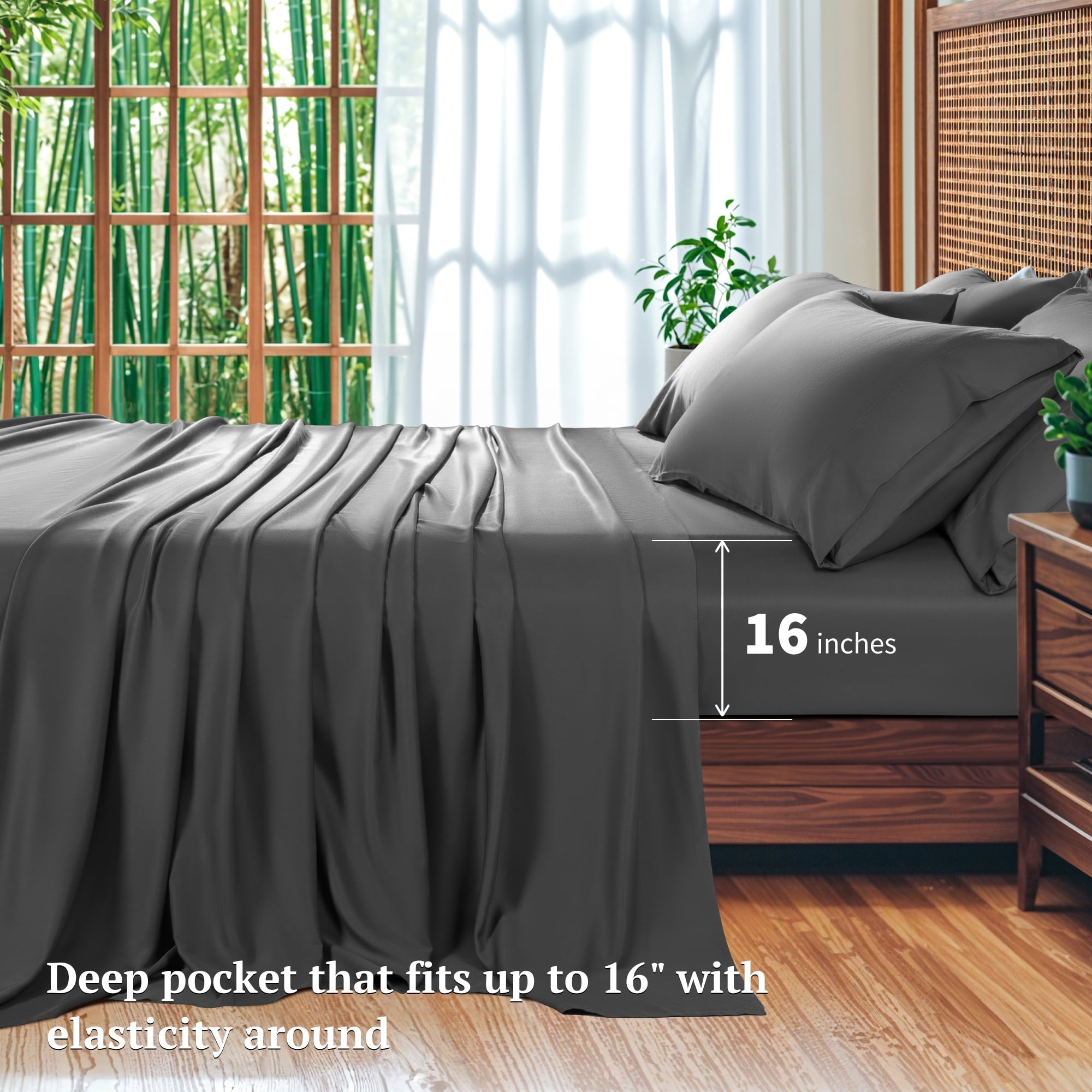 Breathable Luxury 6 Pieces Bamboo Bed Sheets Set, Luxury Rayon Derived - Deep Pockets - Wrinkle Free - Extremely Soft, Queen, Dark Gray - Breathable Egyptian Cotton Flat & Fitted Sheets Detail