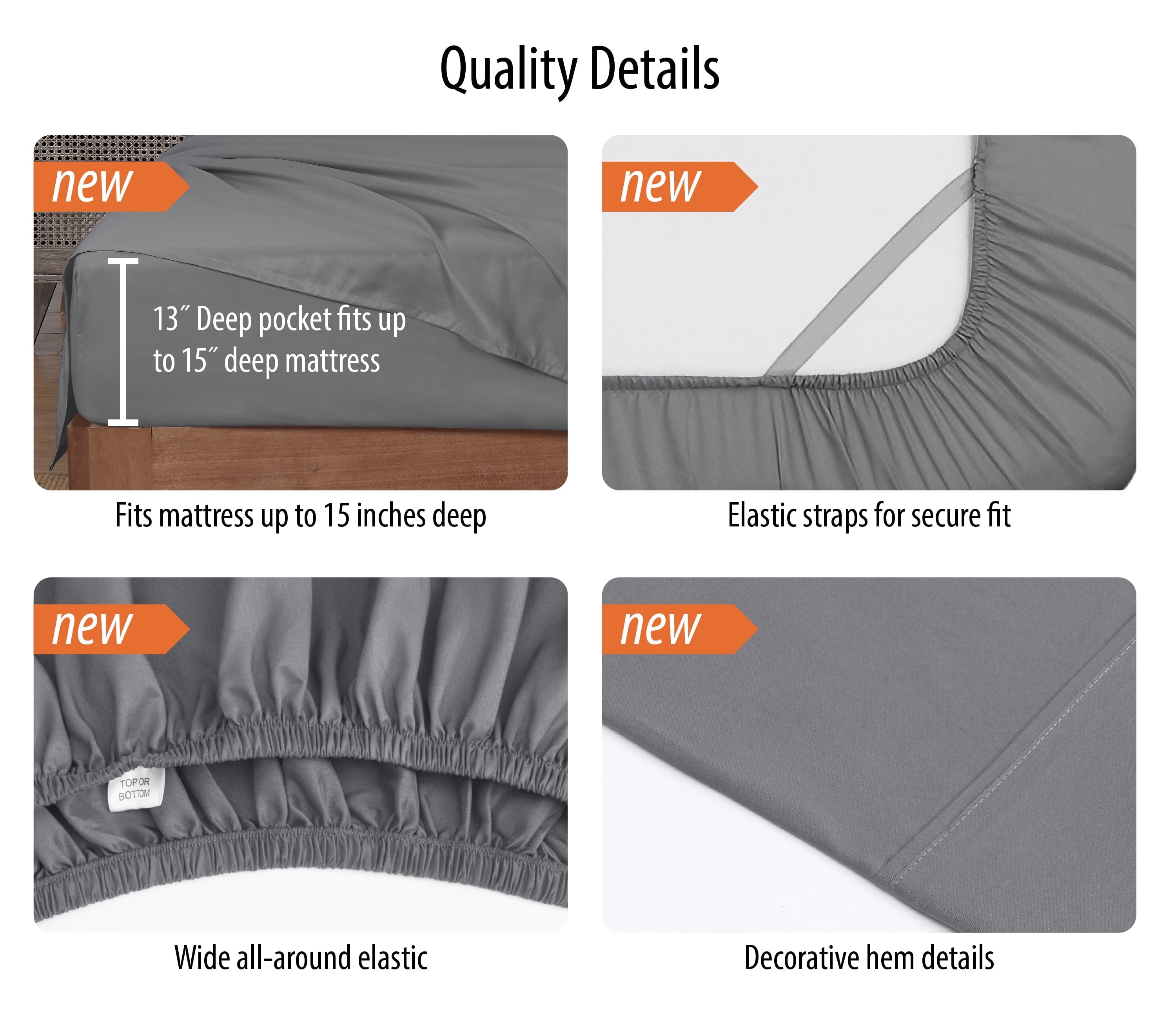 Breathable Luxury Super Soft Brushed Microfiber Bed Sheet Set, Soothing Gray, Queen, 4 Piece - Cooling Hotel Quality Bedding Sheets and Pillowcases Detail
