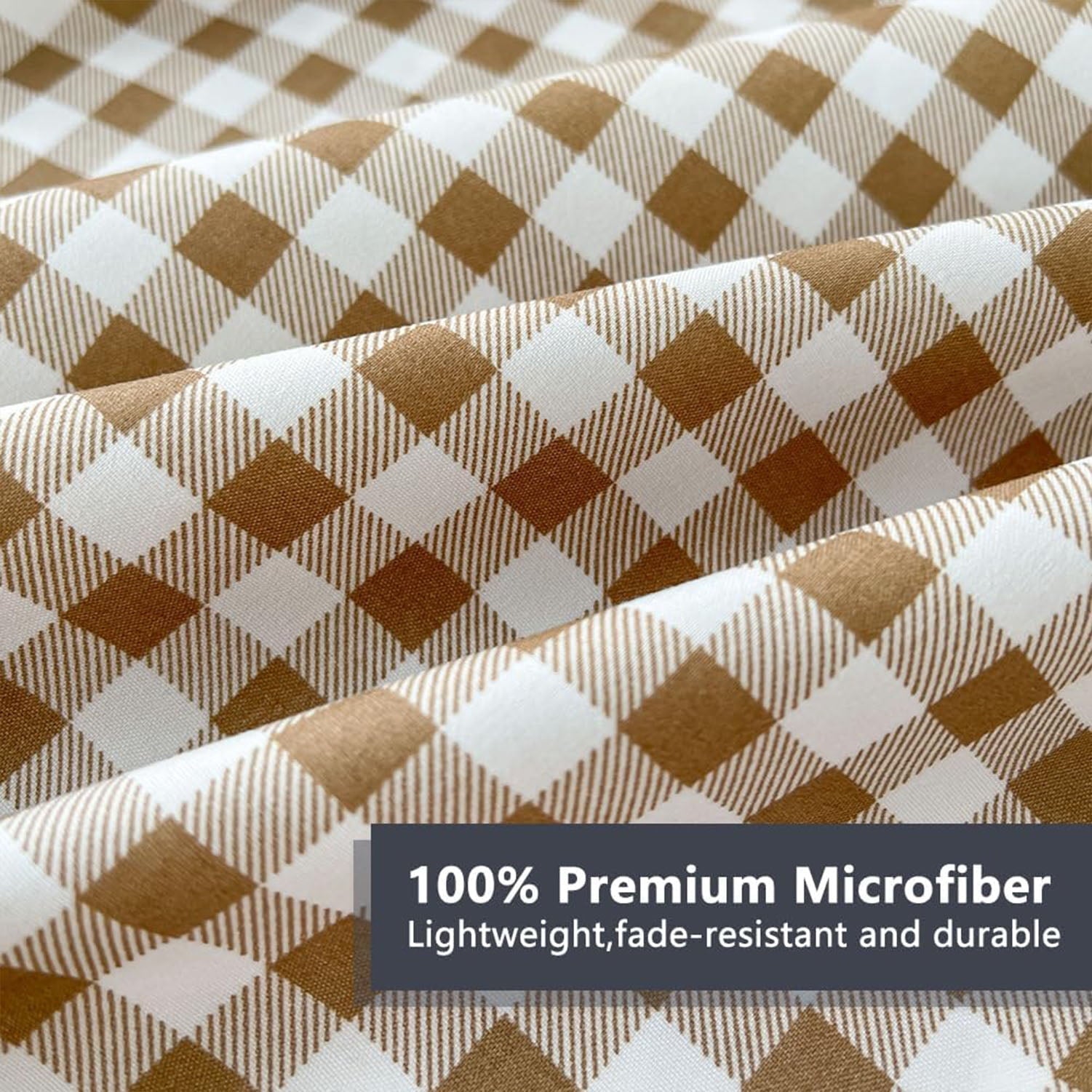 Cooling Sateen Sheet Set, Soft Brushed Microfiber Taupe Plaid Sheets, 4-Piece Brown Grid Set with Deep Pocket - Breathable Egyptian Cotton Flat & Fitted Sheets Detail