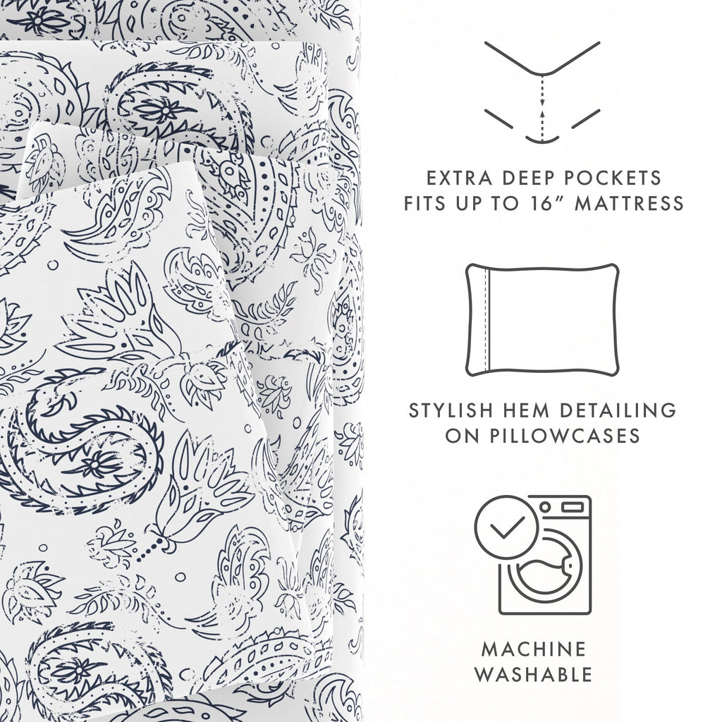 Ultra-Soft 4 Piece Pattern Microfiber Bed Sheets Set, Navy Coarse Paisley, Full - Premium Ultra-Soft Pillowcase Pair for Sleeping Detail
