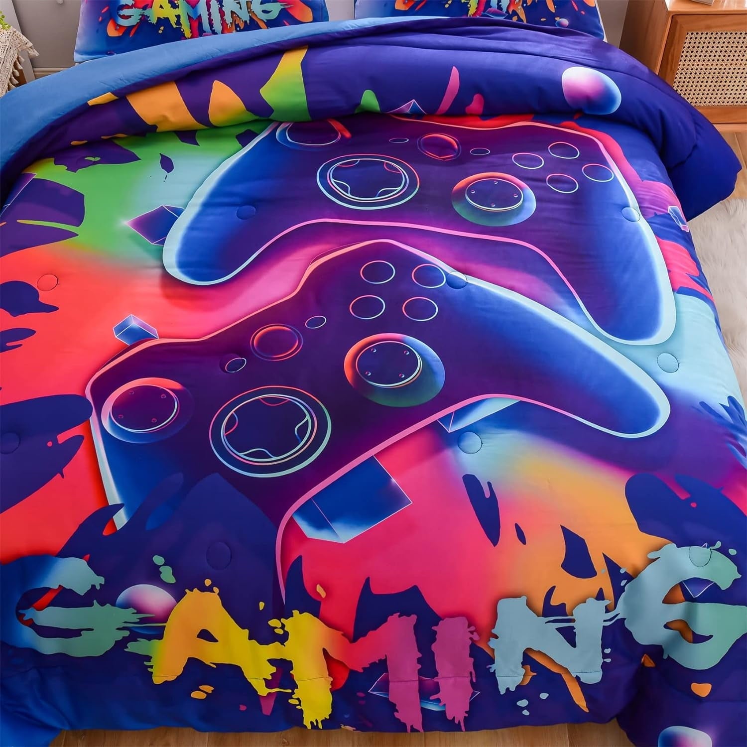 Fluffy Down Alternative Purple Queen Gaming Comforter Sets for Boys Kids Bedding Sets Colorful Games Console Gamer Quilt Set - Cloud-Like Soft Lightweight Bed Comforter Detail