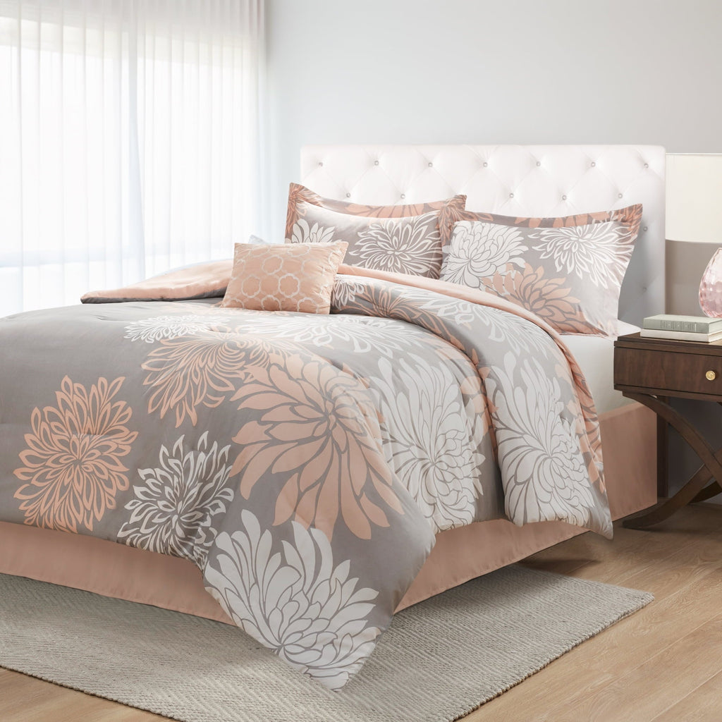 All-Season King Size Comforter Set, 5-Piece Floral Bedding Set for All Season, Blush Comforter Set King with Bed Skirt - Luxurious Quilted Duvet Cover Set Detail