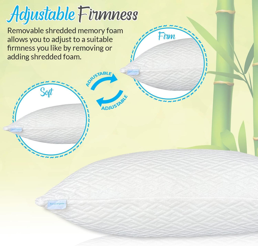 Ergonomic Memory Foam King Size Bamboo Pillow, Memory Foam Bed Pillows with Washable Pillowcases, King (1 Pack) - Orthopedic Shredded Foam Bed Pillow Set Detail