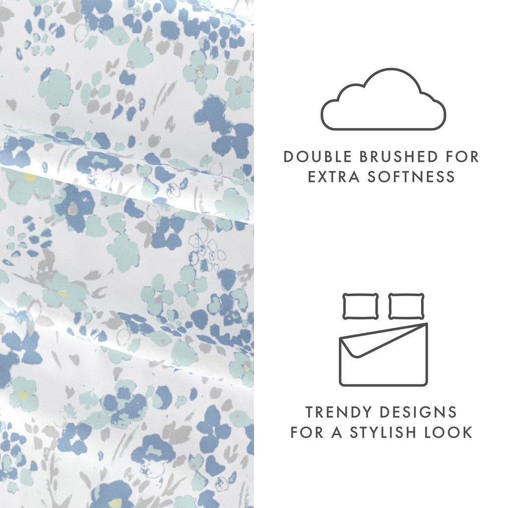 Cooling Sateen 4 Piece Pattern Microfiber Bed Sheets Set, Light Blue Violets, Full - Breathable Egyptian Cotton Flat & Fitted Sheets Detail