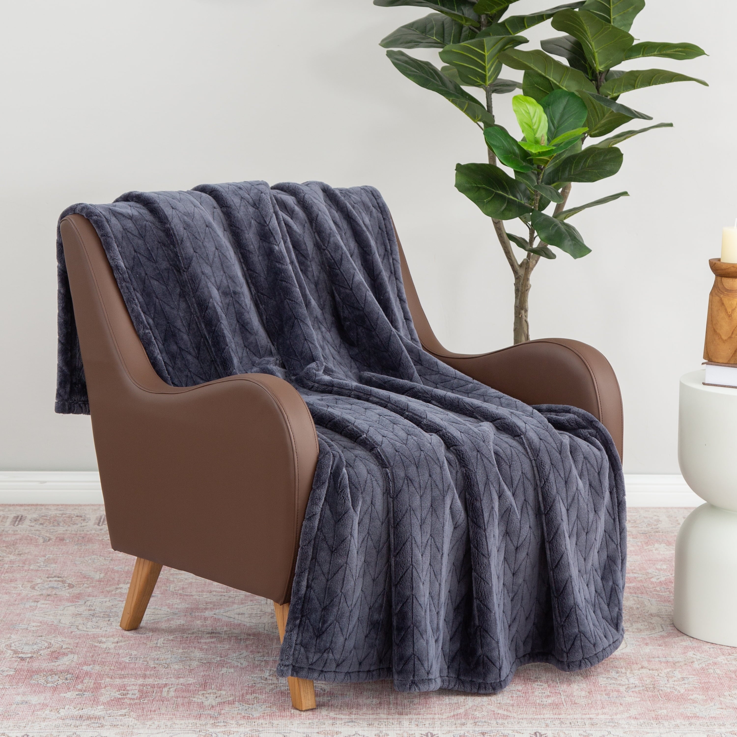 Decorative Knitted Textured Velvet Plush Soft Fleece Throw Blanket, Oversized, Greystone - Lightweight Plush Warm Blanket for All Seasons Detail