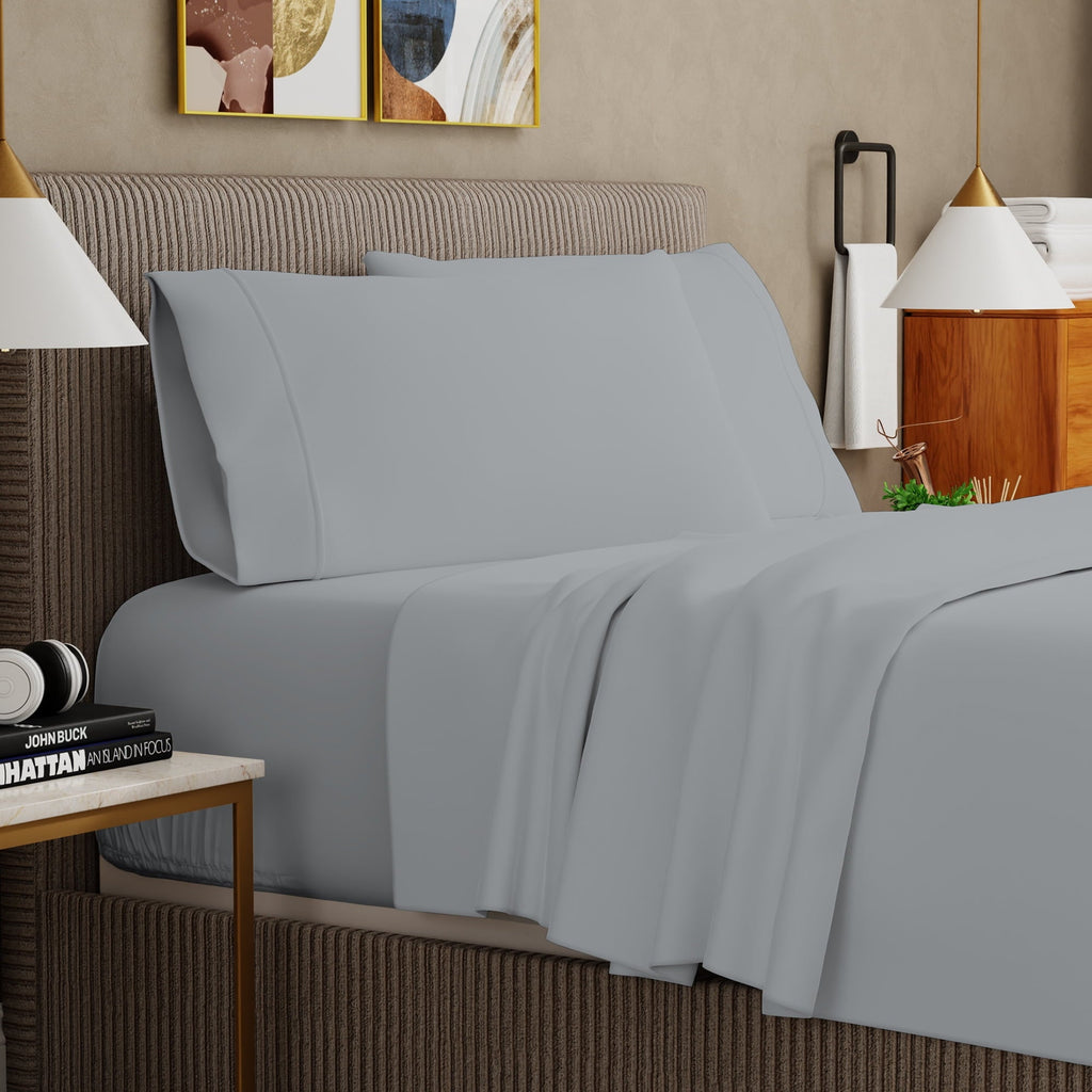 Breathable Luxury Soft Finish Microfiber Percale Queen Bed Sheet Set – 4-Piece Lightweight, Wrinkle-Resistant, Quick-Dry, Light Gray - Luxury Bed Sheet Set with Deep Pockets Detail