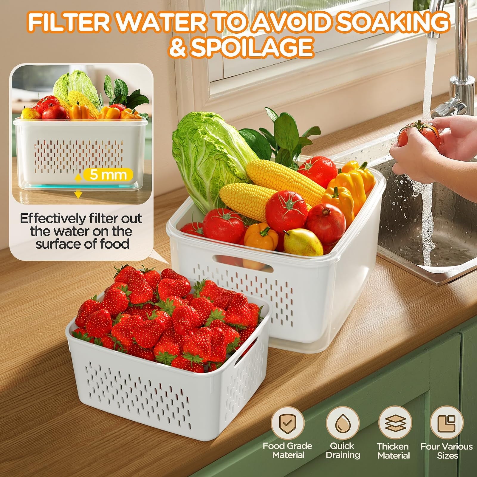 Deliciously Squishy 5 Pack Fruit Storage Containers for Fridge with Removable Colanders and Lids, 5 in 1 Leakproof Fridge Organizer Bins ... - Playful Star & Heart Shaped Geometric NeeDoh Detail